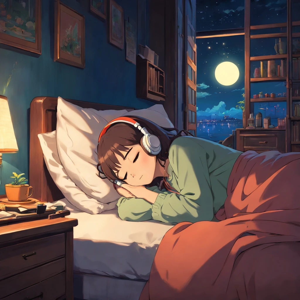 Girl sleeping in a comfortable room at night, Using headphones, 2D style anime, Lo-fi, Hard disk, Dark environment