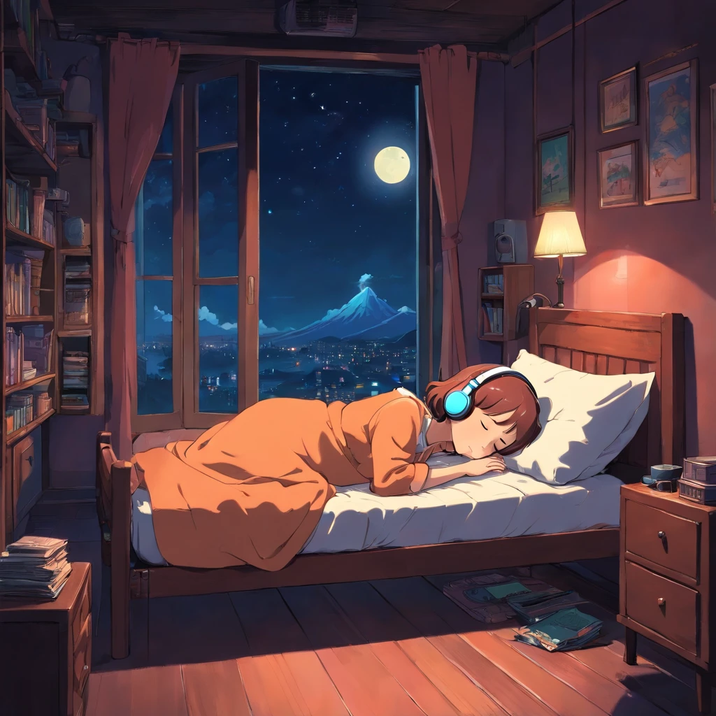 Girl sleeping in a comfortable room at night, Using headphones, 2D style anime, Lo-fi, Hard disk, Dark environment