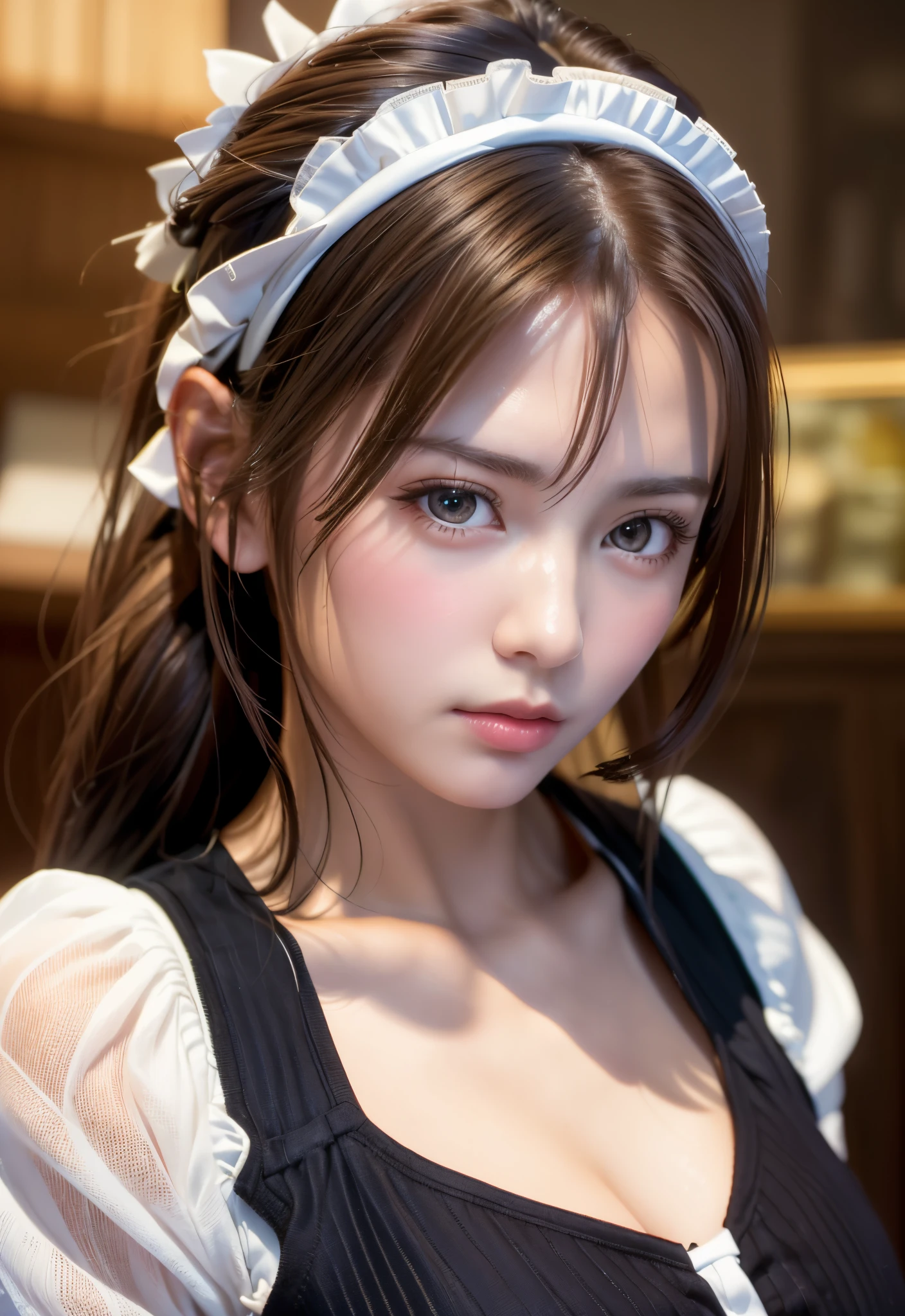 8K, of the highest quality, masutepiece:1.2), (Realistic, Photorealsitic:1.37), of the highest quality, masutepiece, Beautiful young woman, Pensive expression,、A charming、and an inviting look, Cute Maid Clothes, Hair tied back, Cinematic background, Light skin tone