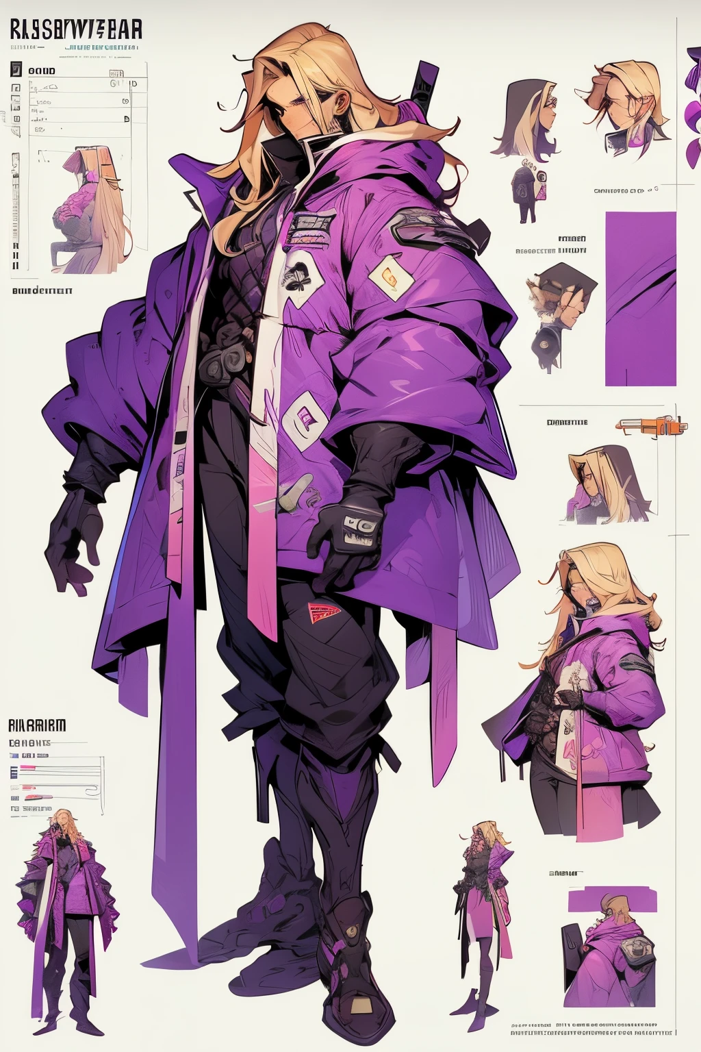 original character design, character sheet, 1boy, long hair, blond hair, purple eyes, formula1 style racesuit, flowers, pastel colors, vintage style