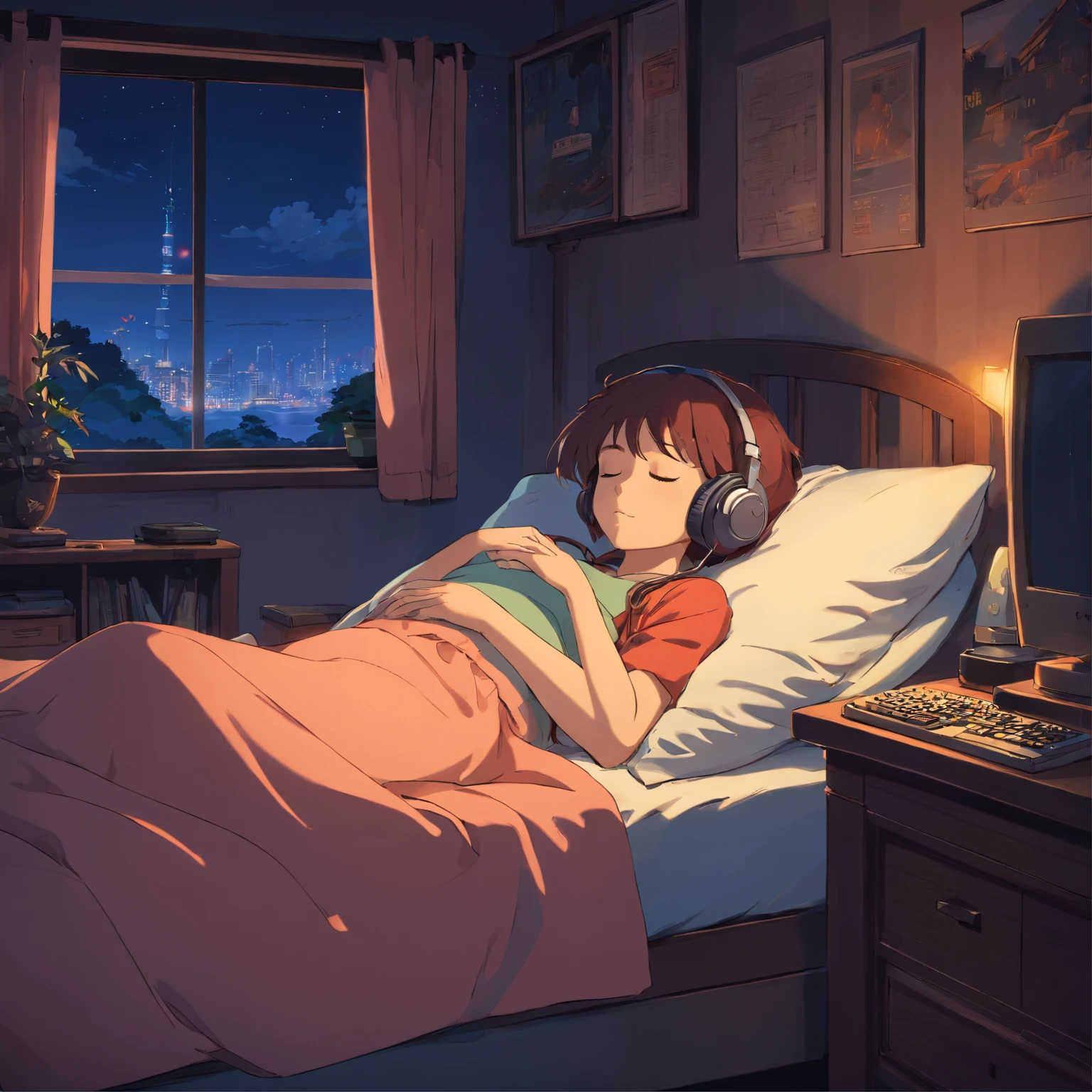 Girl sleeping in a comfortable room at night, Using headphones, 2D style anime, Lo-fi, Hard disk, Dark environment