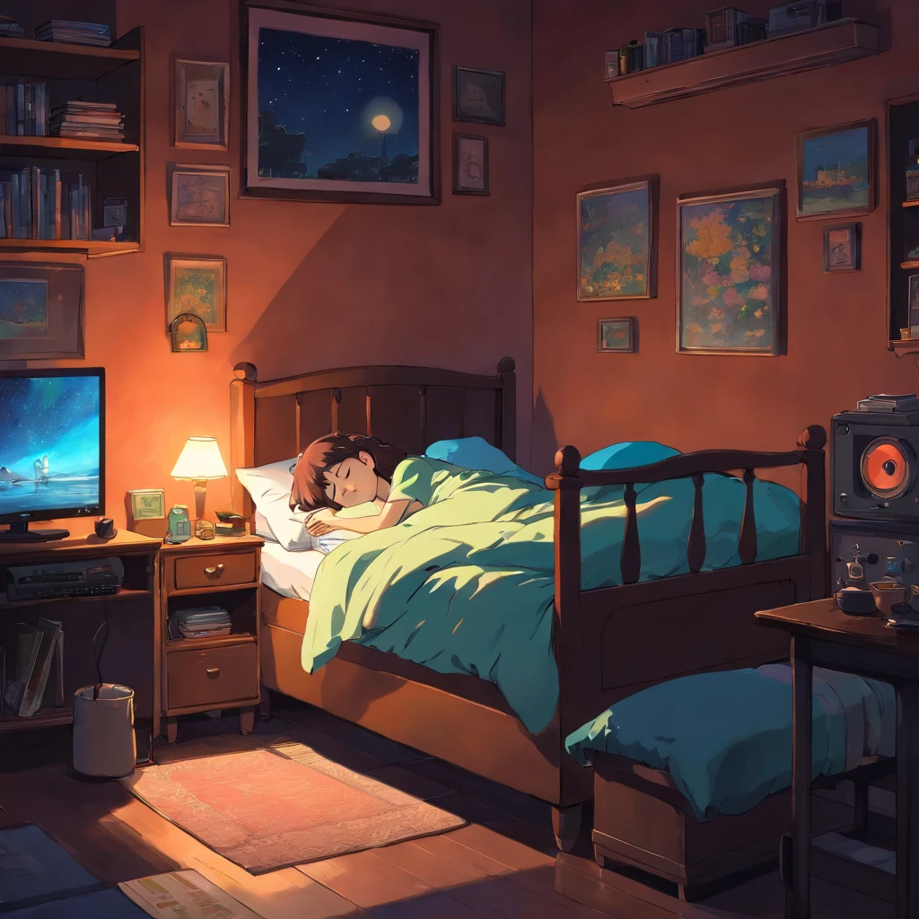 Girl sleeping in a comfortable room at night, Using headphones, 2D style anime, Lo-fi, Hard disk, Dark environment