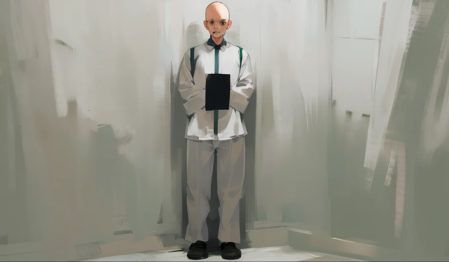 full body bald guy wearing mental hospital gown
