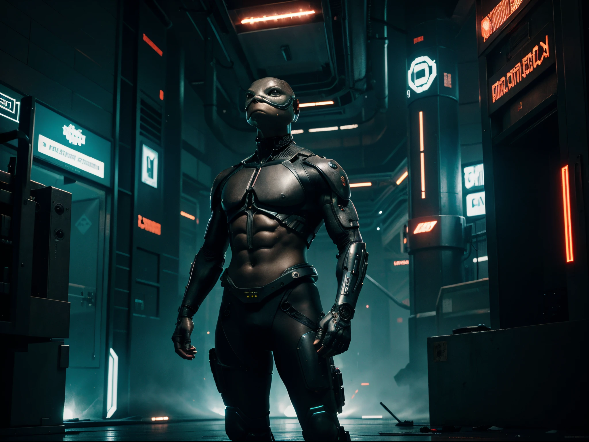 An anthropomorphic cyborg turtle stands in a fighting pose in the center of a cyber metropolis, hyper-detailing, intricate detials, tense atmosphere, Cinematic photo, Cyberpunk style