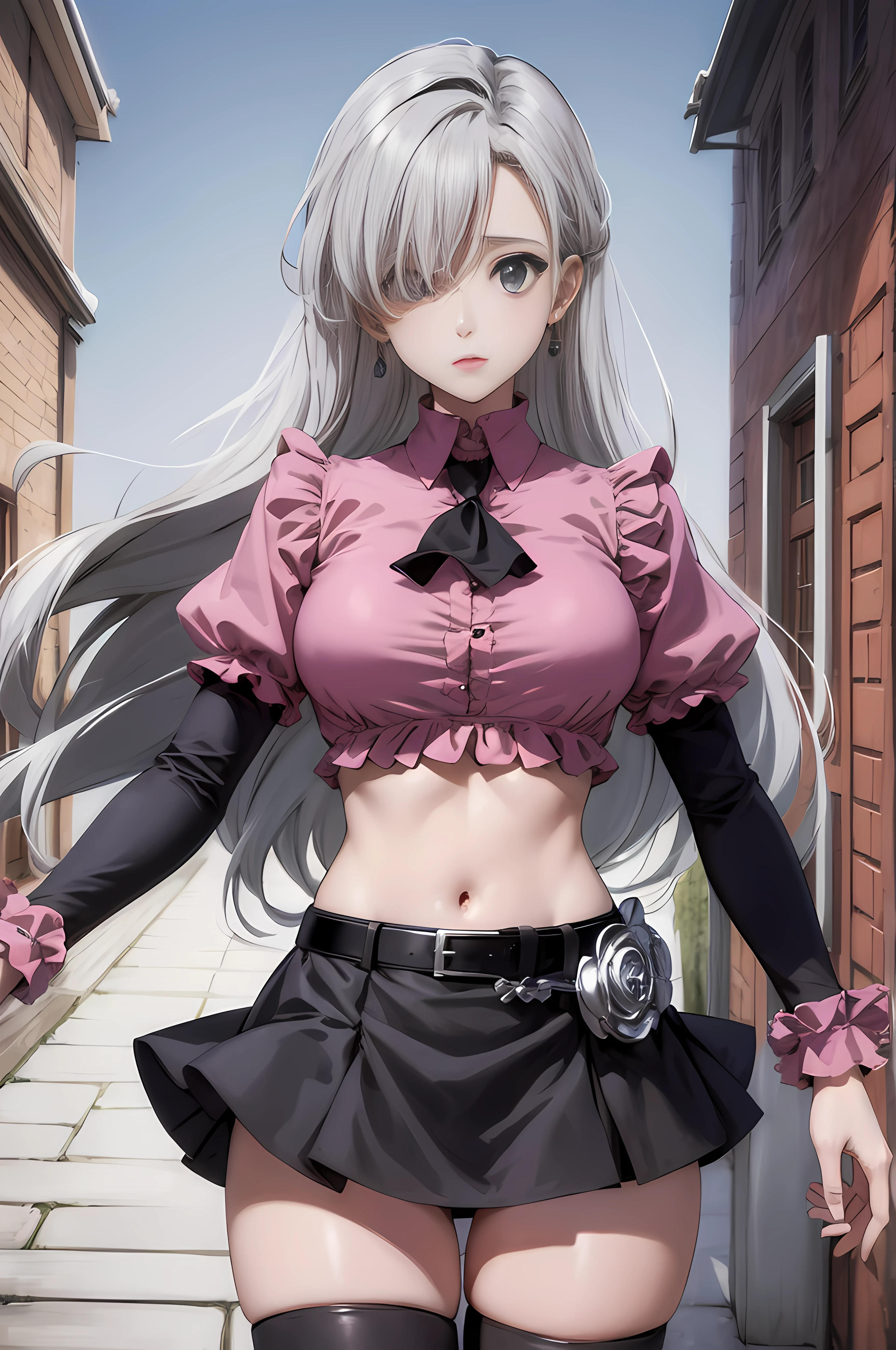 masterpiece, best quality, highres, Elizabeth, 1girl, jewelry, single thighhigh, silver hair, hair over one eye, midriff, black skirt, asymmetrical legwear, pink shirt, black thighhighs, belt, miniskirt, landscape, standing, standing, portrait, upper body