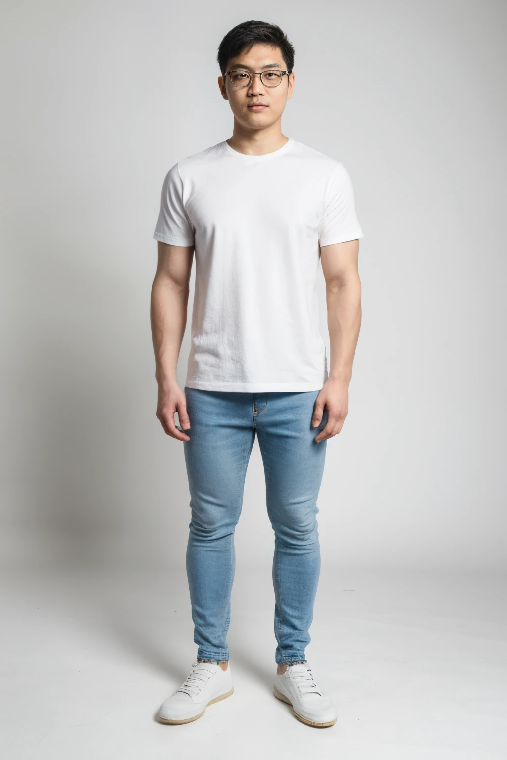 Andrew thomas huang, oval face, eyeglasses, neat muscular, tshirt, jeans, sneakers, standing, model photo shot, white background, full body