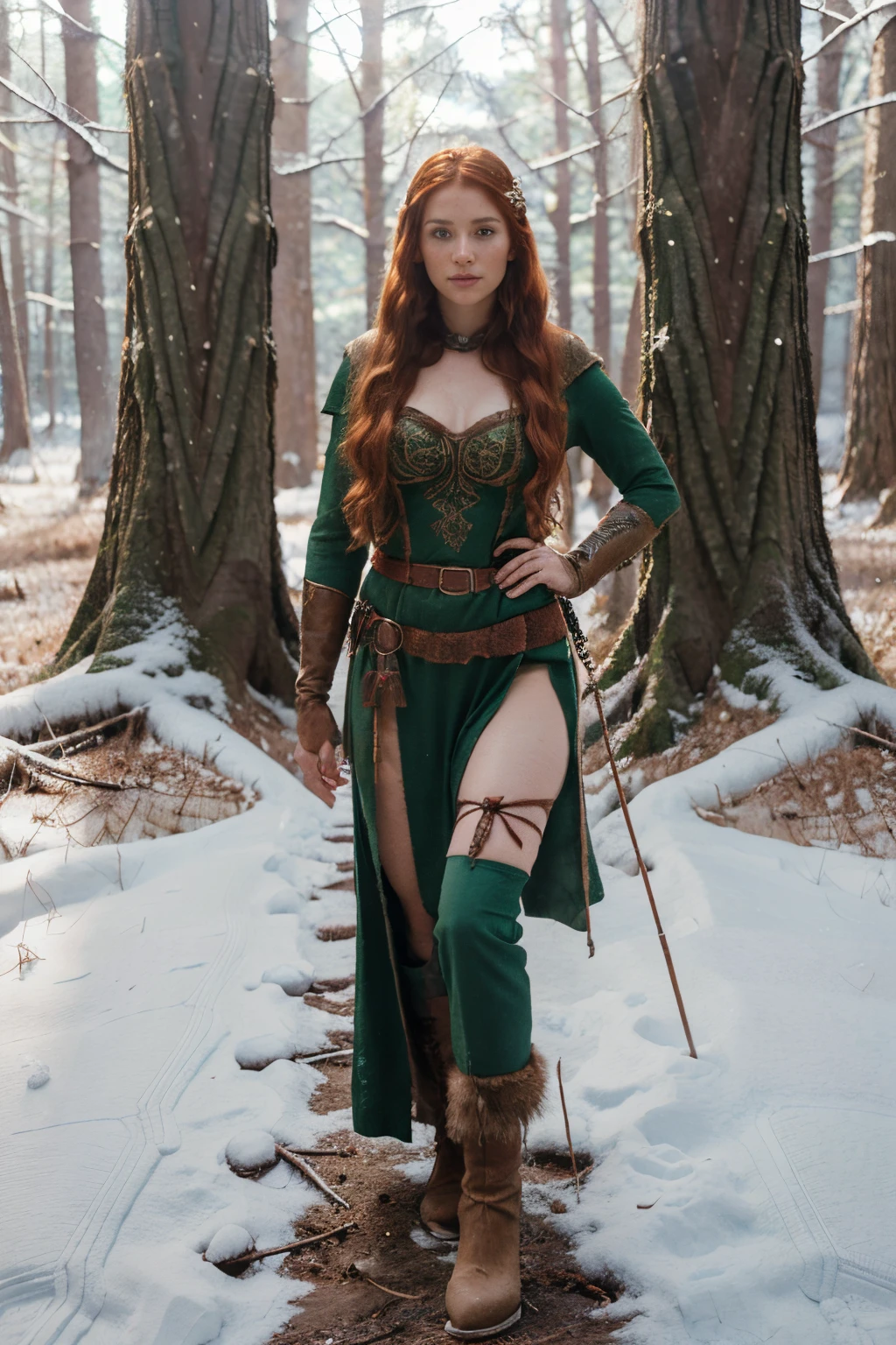 Woman in a medieval celtic warrior dress, (Celtic cosplay) , (ancient celts style:1.2), ((winter forest:1.4)), ((snow)) celtic european beauty, (open shirt: 0.8), Long and red hair,  red hair, bow and arrows, full body shot, winter jacket, ginger, freckles, smooth skin, white skin, , (perfect body) , (sexy pose:1.2), portrait, ((Looking at camera)), (Highest quality), sony A7sIII, film stock,  photograph , kodak 400 camera f1.6 lens, cinestill 800, (Lente de 28 mm), third rule, rich colors , lifelike, texture, natural lighting, ((wide shot))