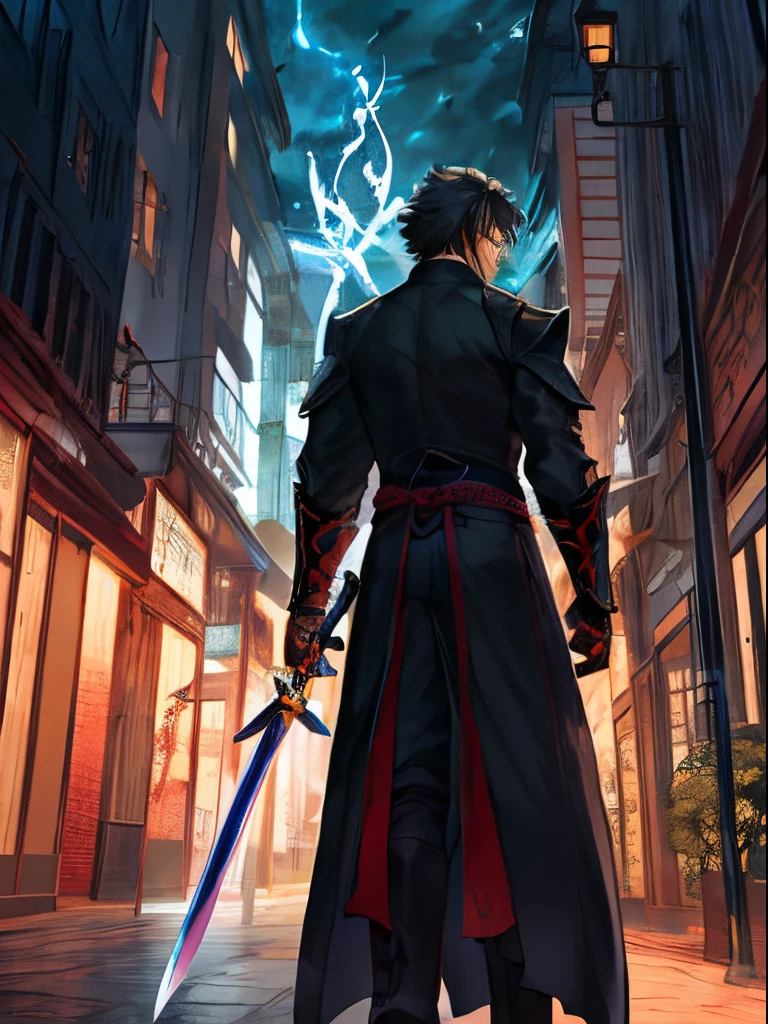 Anime character with long black hair, hold a sword in front of a building, handsome guy in demon slayer art, Hijikata Toshiro, while holding a sword, inspired by Okumura Masanobu, holding long sword, Wuxia Whole Body, Holding a black sword, keqing from genshin impact, with swords behind his back