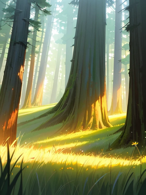 absurd res, high res, (masterpiece:1.4, scenery, woods, tall pine trees, eerie feeling, deep woods, lushios green, tall grass, sunny, sun light piercing through the deep forest, high grass, wild flowers fill the grass
