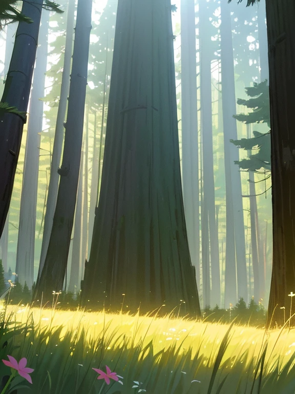 absurd res, high res, (masterpiece:1.4, scenery, woods, tall pine trees, eerie feeling, deep woods, lushios green, tall grass, sunny, sun light piercing through the deep forest, high grass, wild flowers fill the grass