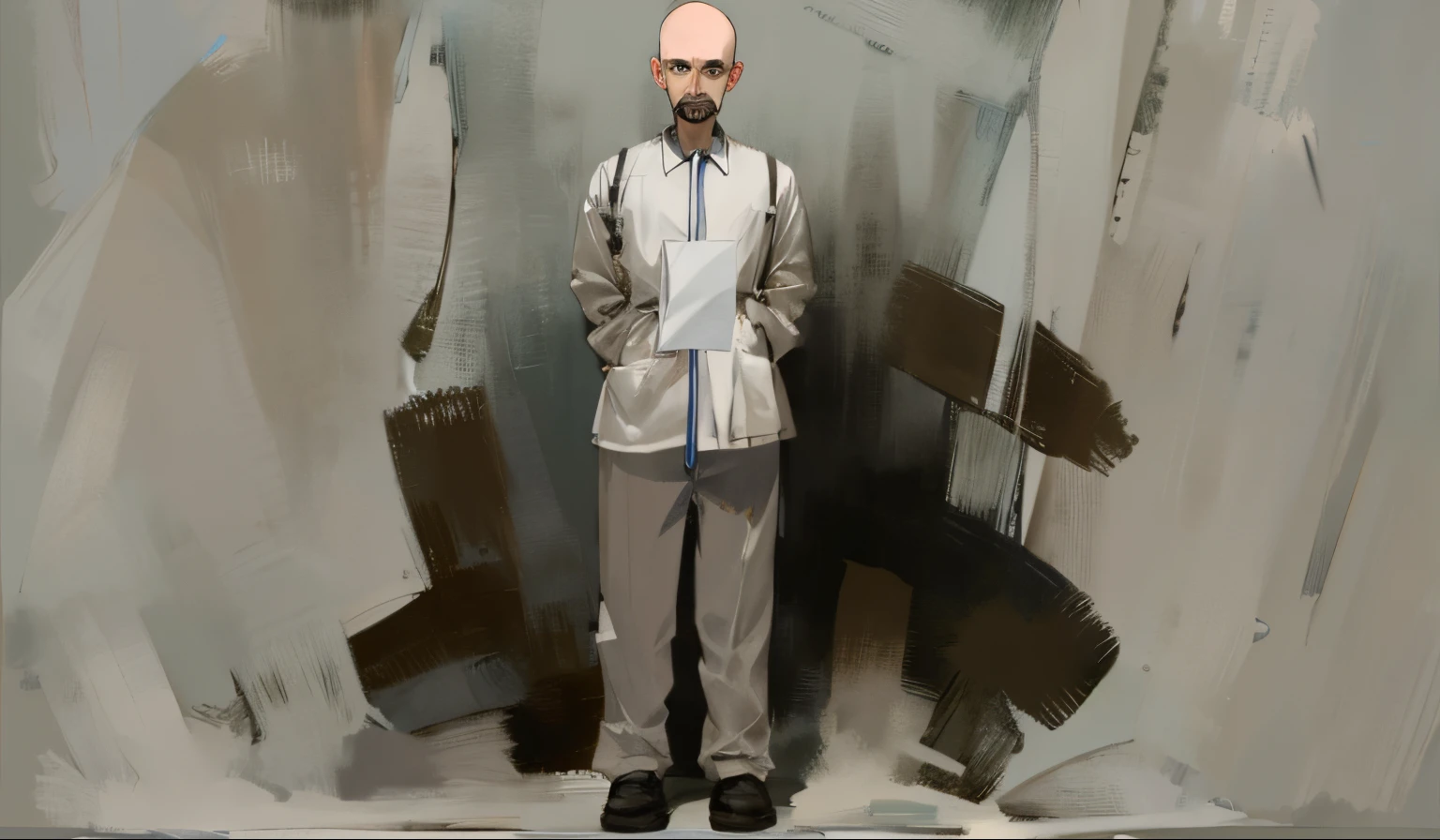 full body bald guy wearing mental hospital gown