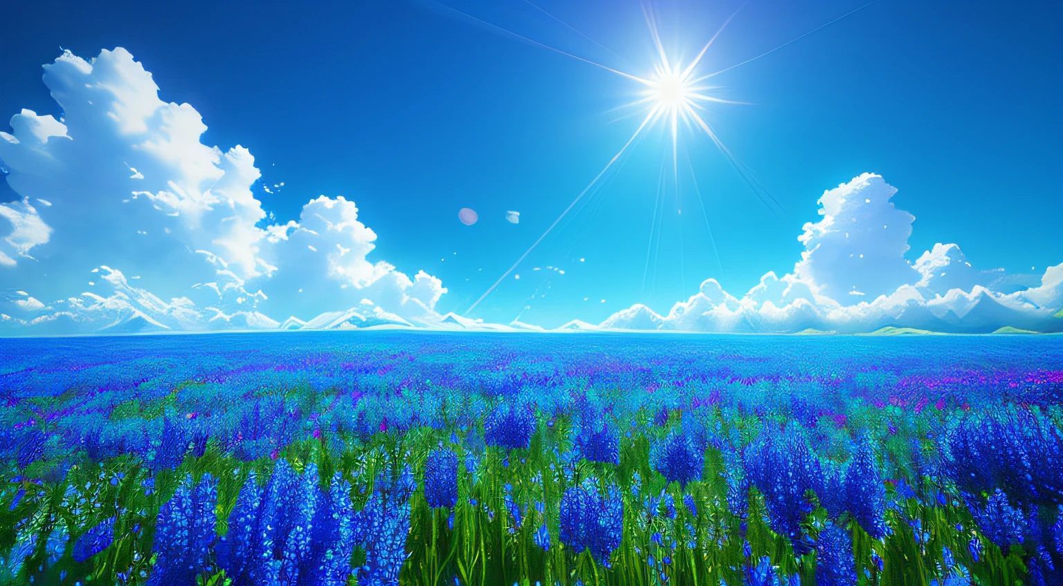 vibrant blue tinted colors, skyscraper, highly saturated colors, Fujifilm Fujichrome Provia 100F film, flower field, purity and dreamy symbolism, (muted colors:1.2), (photon mapping), octane render + hyper realistic, storage, (8k), hdr, sunny,