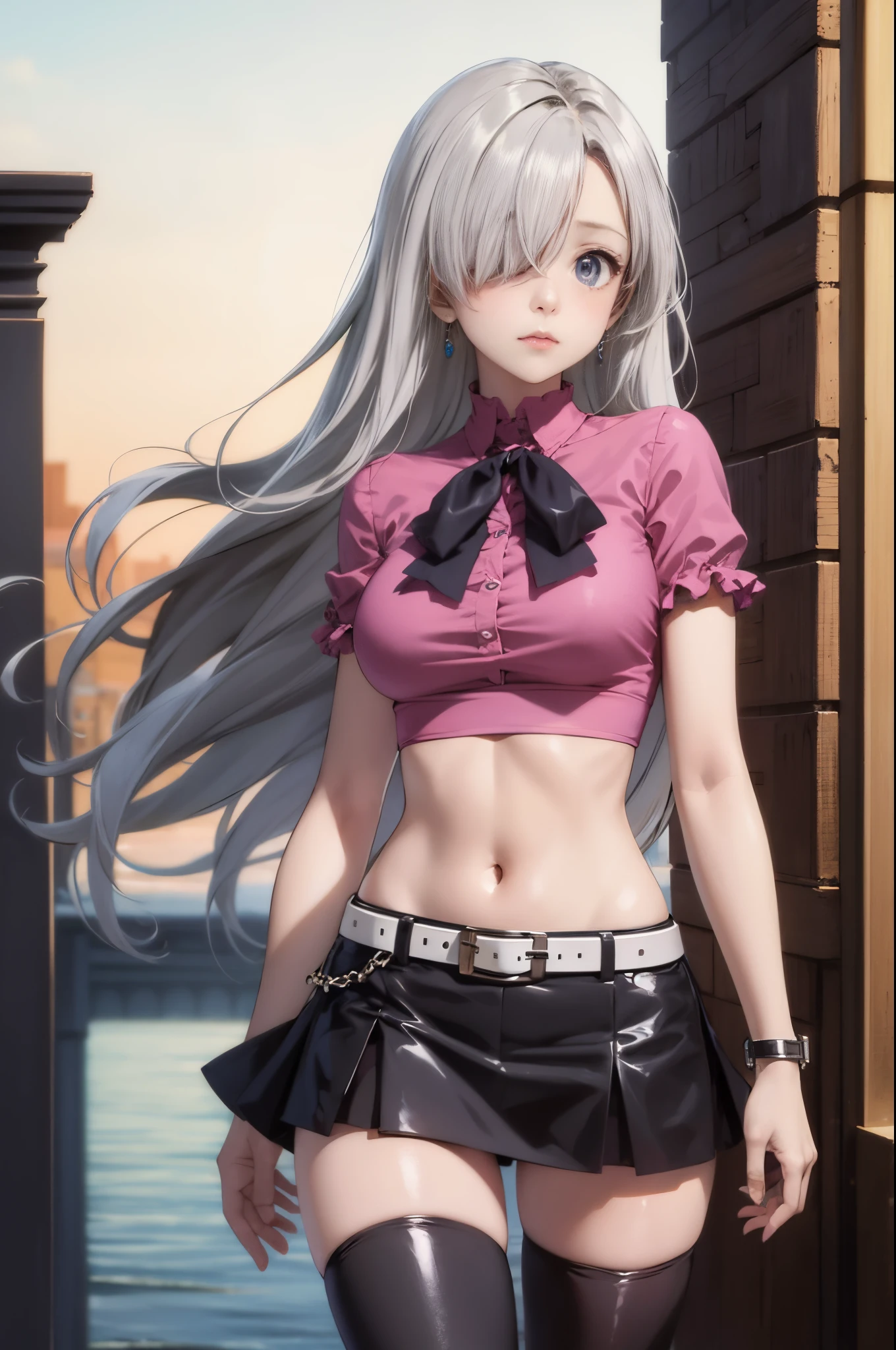 masterpiece, best quality, highres, Elizabeth, 1girl, jewelry, single thighhigh, silver hair, hair over one eye, midriff, black skirt, asymmetrical legwear, pink shirt, black thighhighs, belt, miniskirt, landscape, standing, standing, portrait, upper body