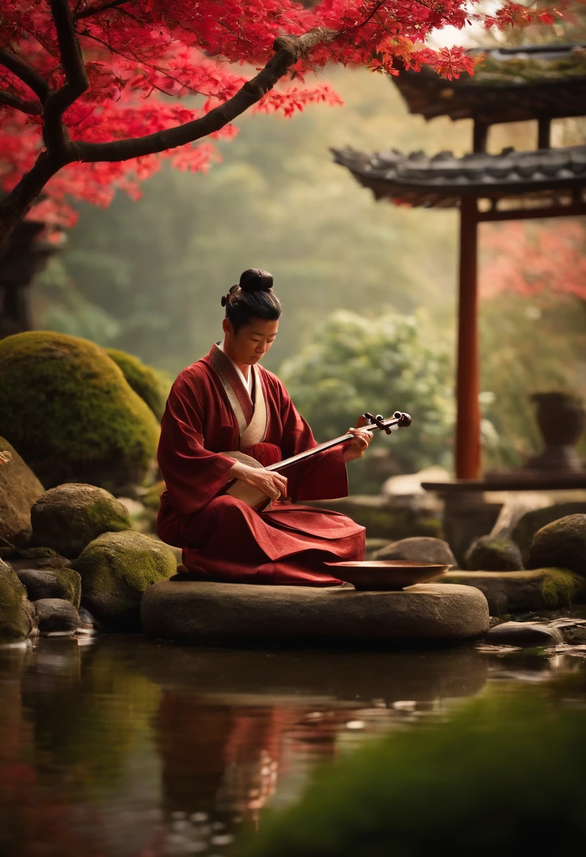 A photo of the character playing traditional Japanese instruments in a tranquil zen garden,original,he is rick astley