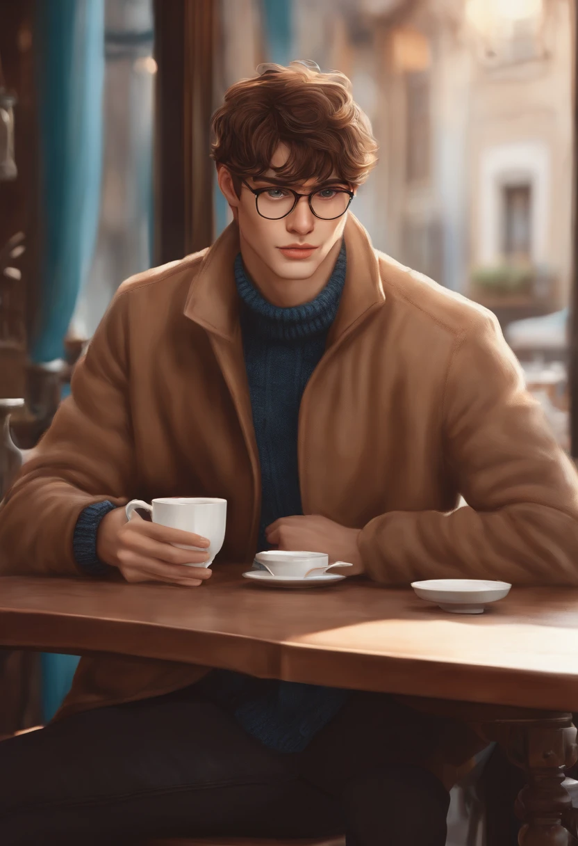 A photo of a character sitting at a cafe table with a cup of hot chocolate and a book, while cheekily pushing up his glasses.,original,[{{((Hair: light brown + short + messy))
((Eyes: large + blue + piercing + doe eyes))
((Facial features: long sharp face + sharp jawline + straight nose + pointed chin + thin lips + pale))
((Build: tall + slender + lean + lithe + strong + large hands))
((Appearance: glasses + sweaters + neat + put together))}}]
