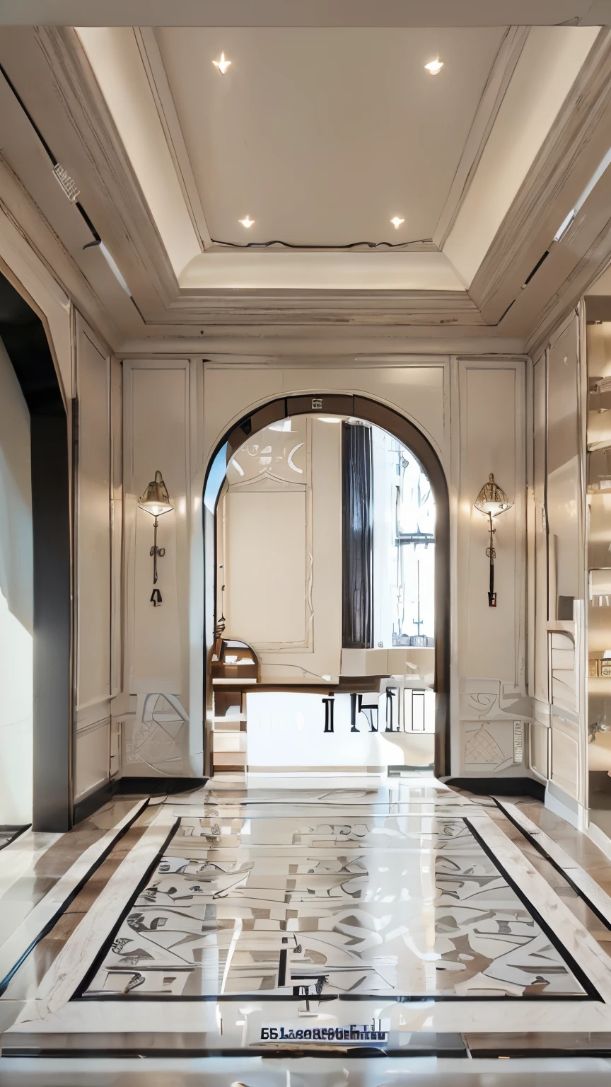 The ceiling has 1 chandelier, dark brown wood floor, (((remove logo:1.5, remove text: 1.5)))