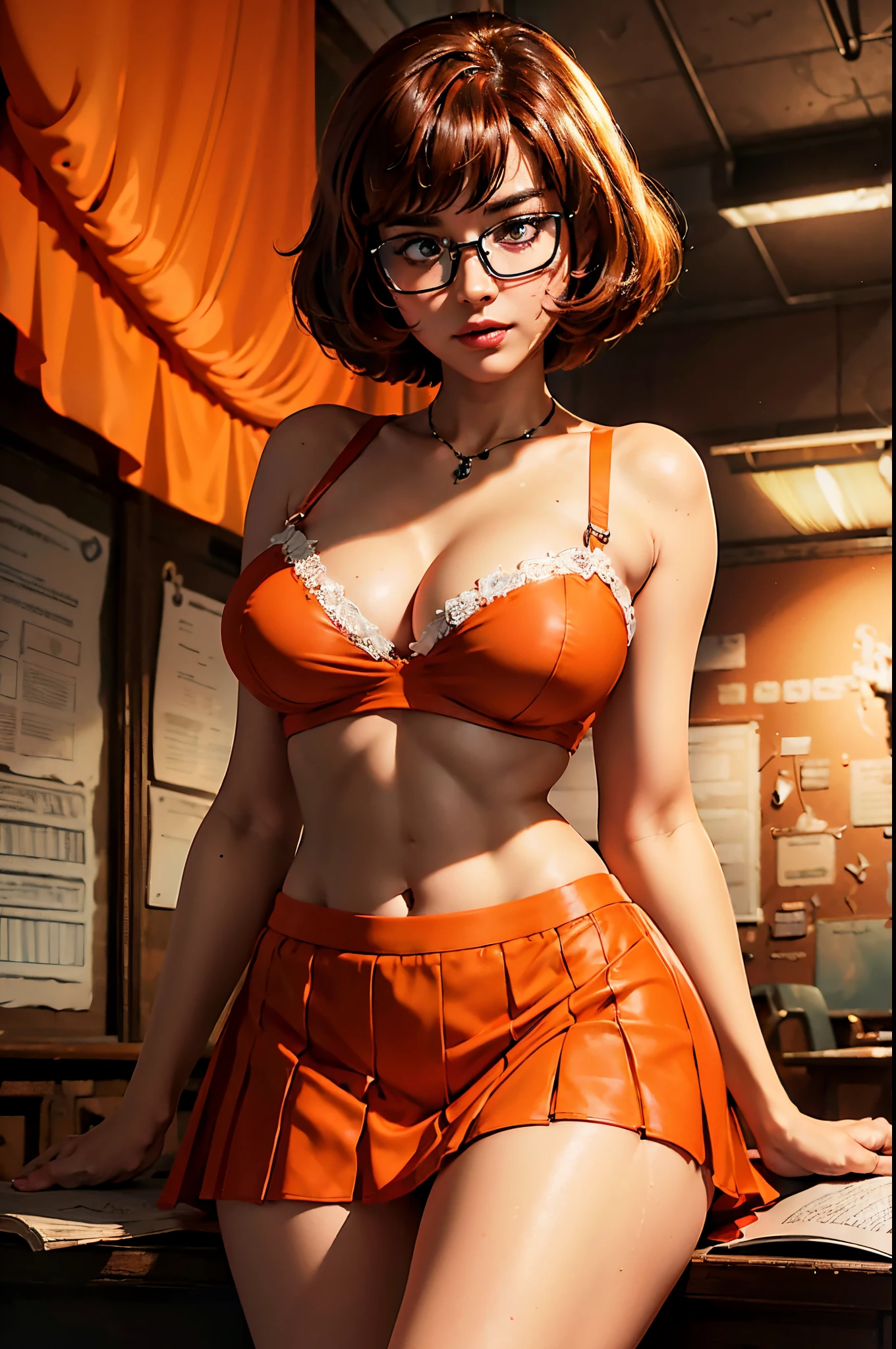 Generate an image of Velma from Scooby-Doo, best quality, short hair, skirt, (large breast:1,7), brown hair, brown eyes, pleated skirt, glasses, sit, orange strapless bra, Generate an image of a detailed haunted classroom with eerie lighting, tattered curtains, creaky desks, and ghostly apparitions. Generate a dark and eerie scene with a frightening atmosphere, masterpiece, best quality:1.2),(8k,highres,RAW photo,realistic,photo-realistic:1.3),(detailed skin texture,detailed cloth texture,beautiful detailed face:1.25),professional lighting,photon mapping,beautiful soft light,radiosity,physically-based rendering,model shoot style, model shoot style, (extremely detailed CG unity 8k wallpaper), full shot body photo of the most beautiful artwork in the world, complex 3d render ultra detailed, looking at viewer, 18 yo, wet hair, real human skin, vibrant details, hyperrealistic, beautiful, octane render, 8k, best quality, masterpiece, an extremely delicate and beautiful, extremely detailed ,CG ,unity ,wallpaper, (realistic, photo-realistic:1.37),Amazing, finely detail, masterpiece,best quality,official art, extremely detailed CG unity 8k wallpaper ,extreme detailed eyes, (perfect face), shiny skin, colorful, highest detailed, vibrant colors, ultra high res, (high contrast), intricate, lens flare,