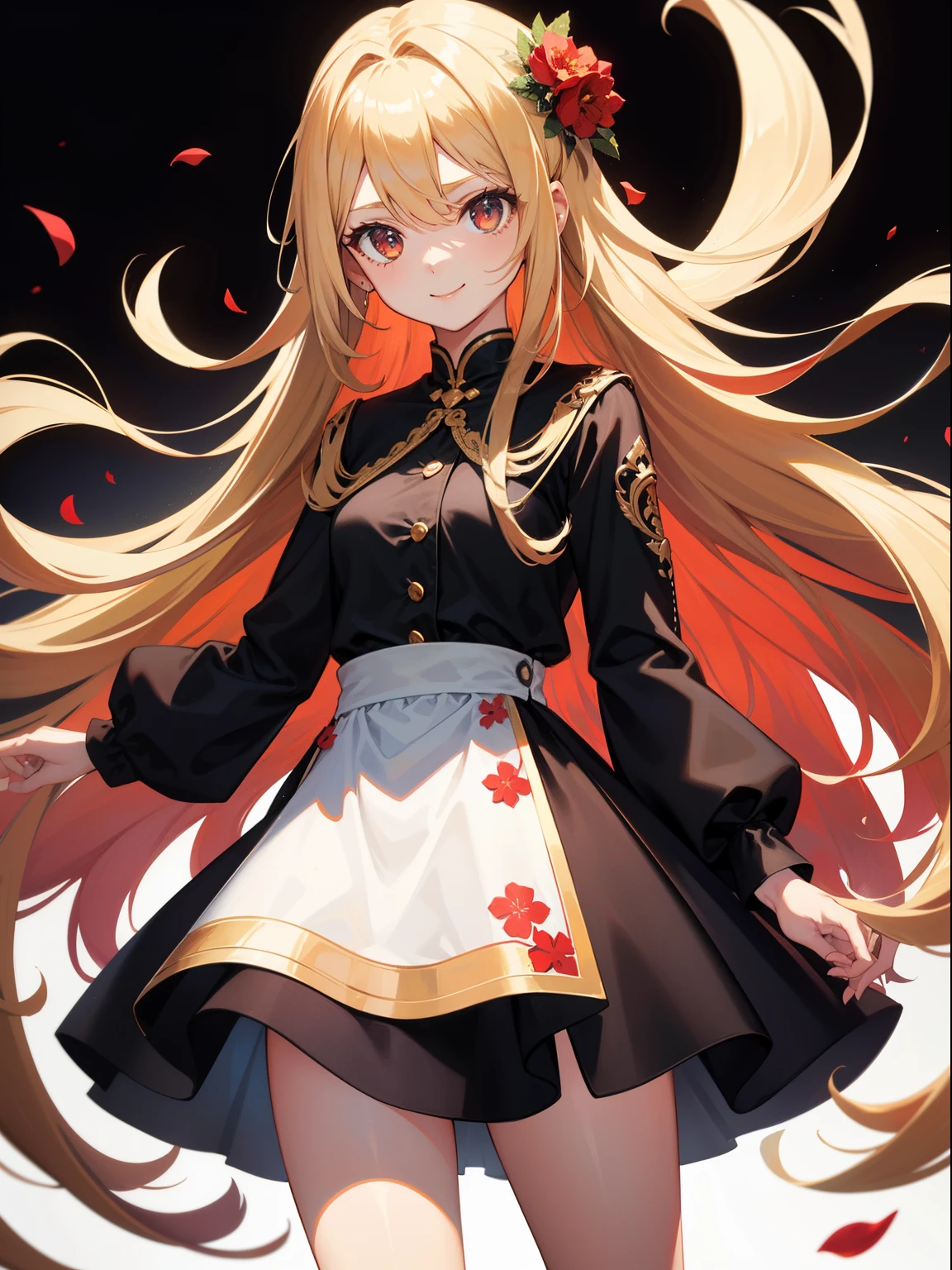 s girl,Long blond hair that reaches the waist, Brown pupil,ssmile,Sideslit ,black dresses,Red flowers dotted,Plain white background,