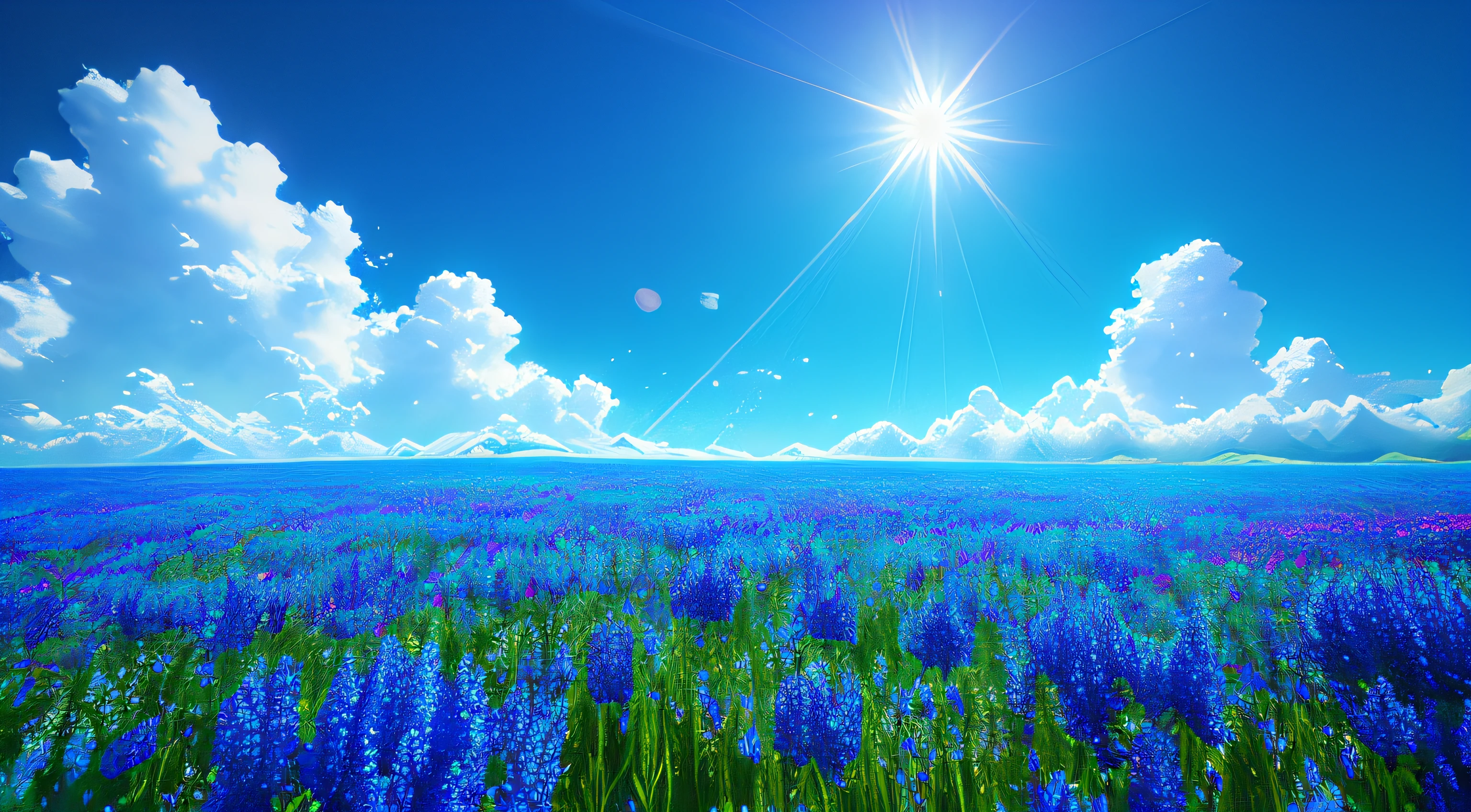 vibrant blue tinted colors, skyscraper, highly saturated colors, Fujifilm Fujichrome Provia 100F film, flower field, purity and dreamy symbolism, (muted colors:1.2), (photon mapping), octane render + hyper realistic, storage, (8k), hdr, sunny,