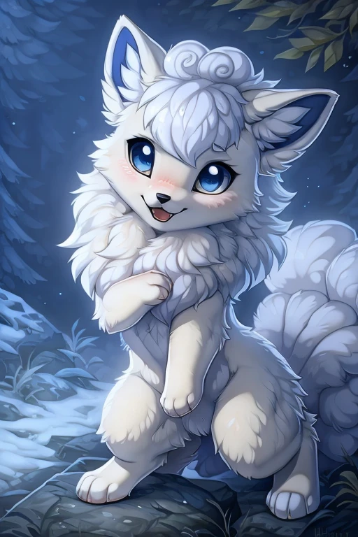 [by Hioshiru],furry,Female, Feral, Pokemon, Long fluffy hair, Alolan Vulpix with snow-white fur,light blue paws,pink toe-beans,one paw raised,Light blue eyes, shy and Eager, young,canine pussy,wet pussy,blushing,in heat, small, canine paws, paws for hands, short height, shortstack, perk,snowy forest,night time,taller narrower head,laying on back,laying on log,creampie