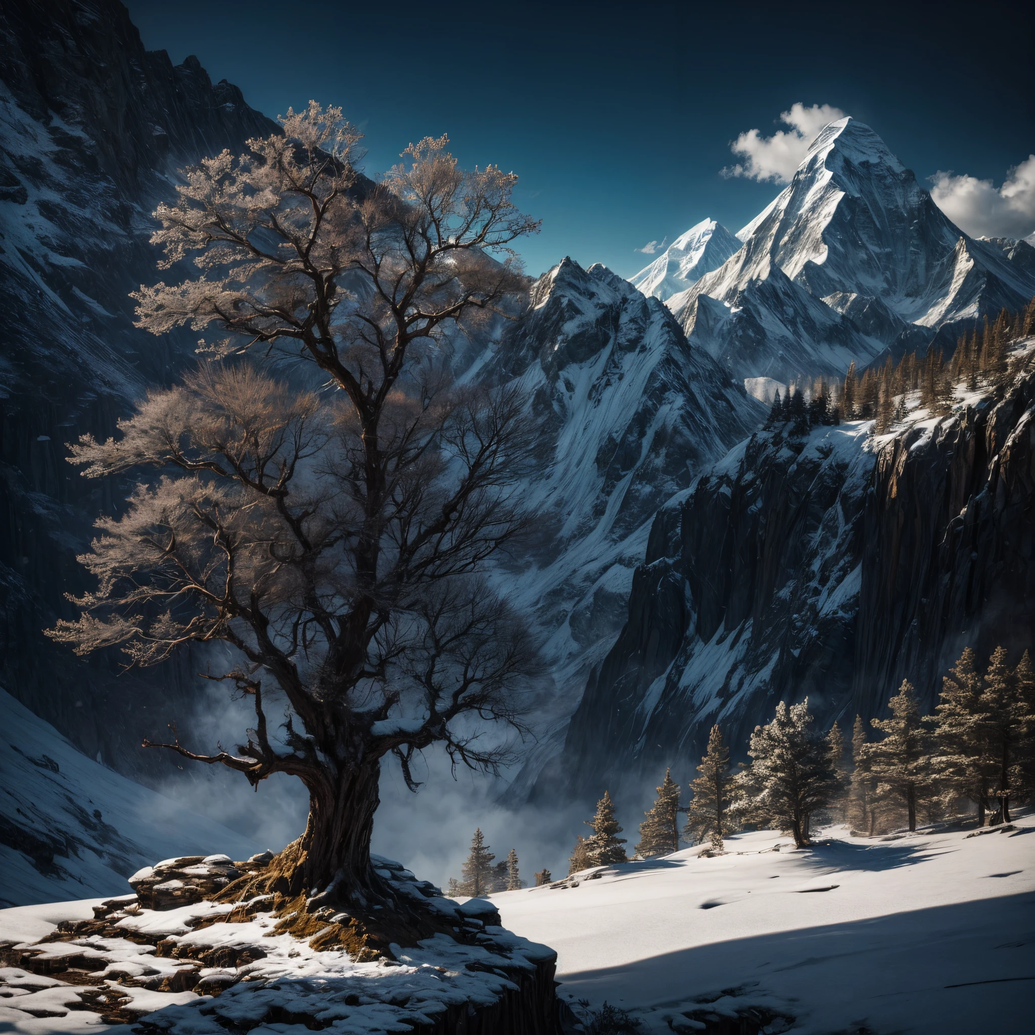 Perched on an icy outcropping near Everest’s breathtaking summit, a lonely, windswept tree spreads its gnarled branches toward the vivid azure sky. Sculpted by extreme gales and cold that would devastate most trees, this evergreen clings tenaciously to the very roof of the world.
Its trunk is stout and compact, almost trailing along the rocky ground before jutting its limbs skyward. The wood is weathered and dense, carved with whorls and hollows that speak of the tree’s age and lifetime spent enduring this harsh mountaintop habitat. Its lower boughs are stunted and misshapen by the weight of snow and rime.
Yet remarkably, delicately lush pine needles adorn the tree’s higher reaches that wave and dance in the thin breezes. Here and there, an occasional brave seed cone clings to life, promising rebirth. Though scoured by the elements, the hardy evergreen flourishes in this rarefied air above the clouds.
Gazing upon this scene, one feels the solitude yet grandeur of this symbolic tree mirroring humanity's ancient story. Like strips of prayer flags snapping overhead, the upper branches hint at spiritual yearnings and life’s continual reawakening after passages of darkness and cold death-like seasons. Scrambling animals and dancing butterflies are transcended.
The once-lush lower boughs bowed under hardships recall humankind’s falls from innocence and stumbles into ignorance’s pitiless ravines. Yet the aging trunk stands fast, preserving what wisdom put down roots through eras of trial. Now those new tender shoots venture forth, branches reaching once more for the light of understanding and communion with the heavens. Perched on the pinnacle between earth and sky, the tree of life on the mountaintop contextualizes humanity’s long journey.
