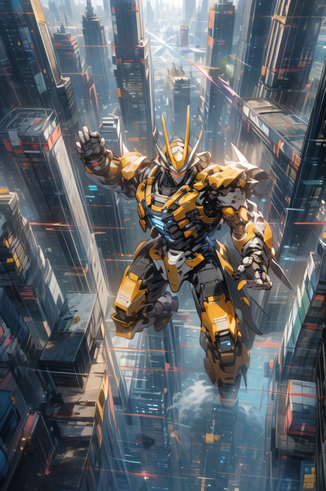 Skysky, intergalactic, holdingweapon, without humans, glowing, robot fight,Golden robot fights silver robot,buliding, destruction,blasts, scientific fiction, 城市, Buildings,ultra-wide-angle, 8K, super detailing, acurate, Best quality at best, hyper HD, tmasterpiece, high qulity, Best quality at best, A high resolution, 1080p, 8K, Draw a lot of skyscrapers,