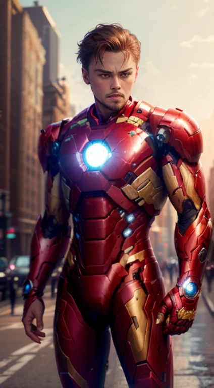 ((Best Quality, 8K, Masterpiece: 1.3)), handsome, Leonardo Di Caprio, smooth skin, stylish, quiff, hunter eyes, brown eyes, tan, new york city, New York, new york, iron man armor, marvel iron man armor, Manhattan, highly detailed iron man armor, short beard