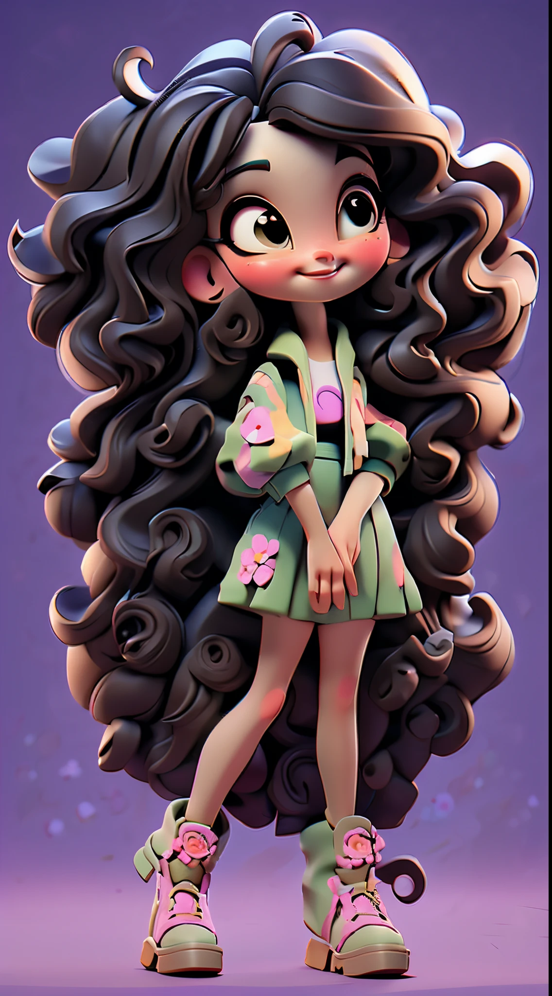 (masterpiece), (best quality), (ultra-detailed), (whole body including legs: 1.5) cute and pretty teenage girl, black, long curly hair, brownish tones, big expressive eyes, calf-length skirt, jacket, cat-print T-shirt, smiling, whole body, in the middle of a field of flowers, colorful and simple.