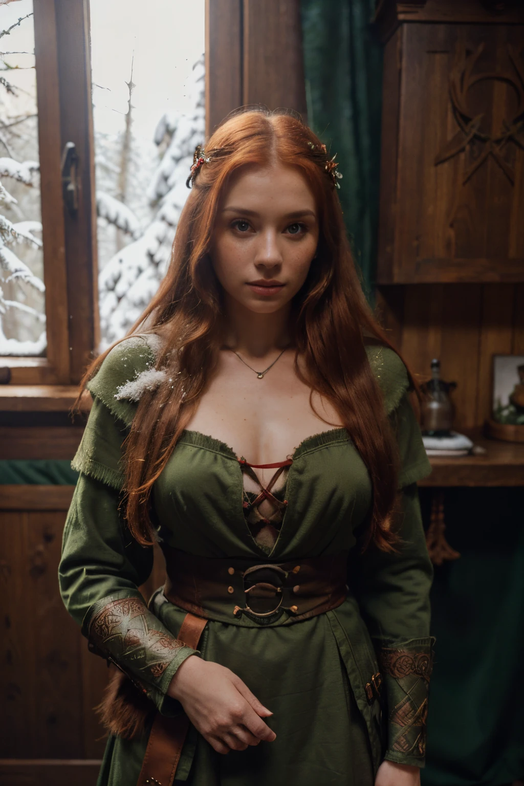 Woman in a medieval celtic warrior dress, (Celtic cosplay) , (ancient celts style:1.2), ((winter forest:1.4)), ((snow)) celtic european beauty, (open shirt: 0.8), Long and red hair, red hair, bow and arrows, full body shot, winter jacket, ginger, freckles, smooth skin, white skin, , (perfect body) , (sexy pose:1.2), portrait, ((Looking at camera)), (Highest quality), sony A7sIII, film stock, photograph , kodak 400 camera f1.6 lens, cinestill 800, (Lente de 28 mm), third rule, rich colors , lifelike, texture, natural lighting, ((wide shot))