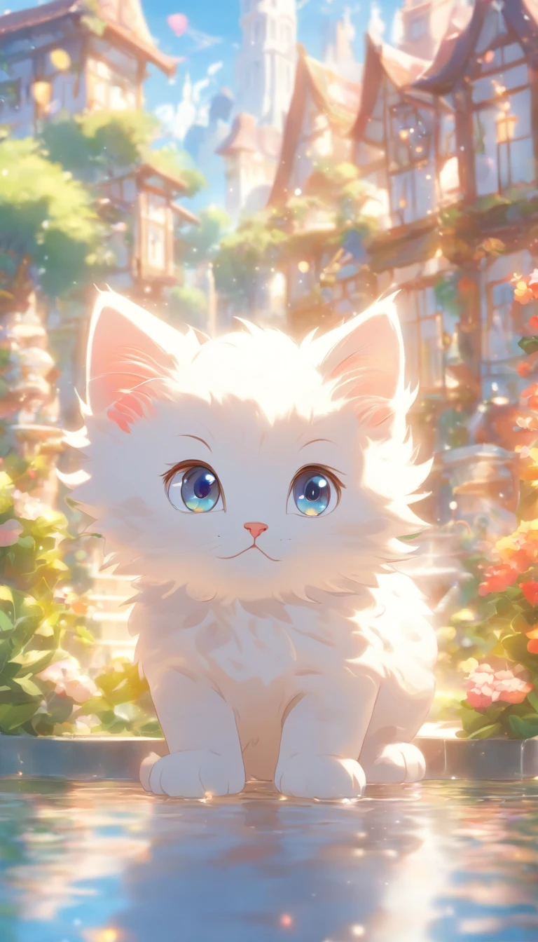 a round-eyed cute white kitten, Garden fountain, glimmer, Distant houses, mirror effect
