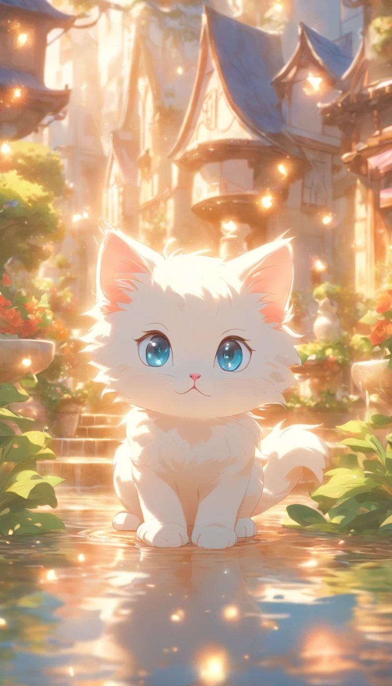 a round-eyed cute white kitten, Garden fountain, glimmer, Distant houses, mirror effect