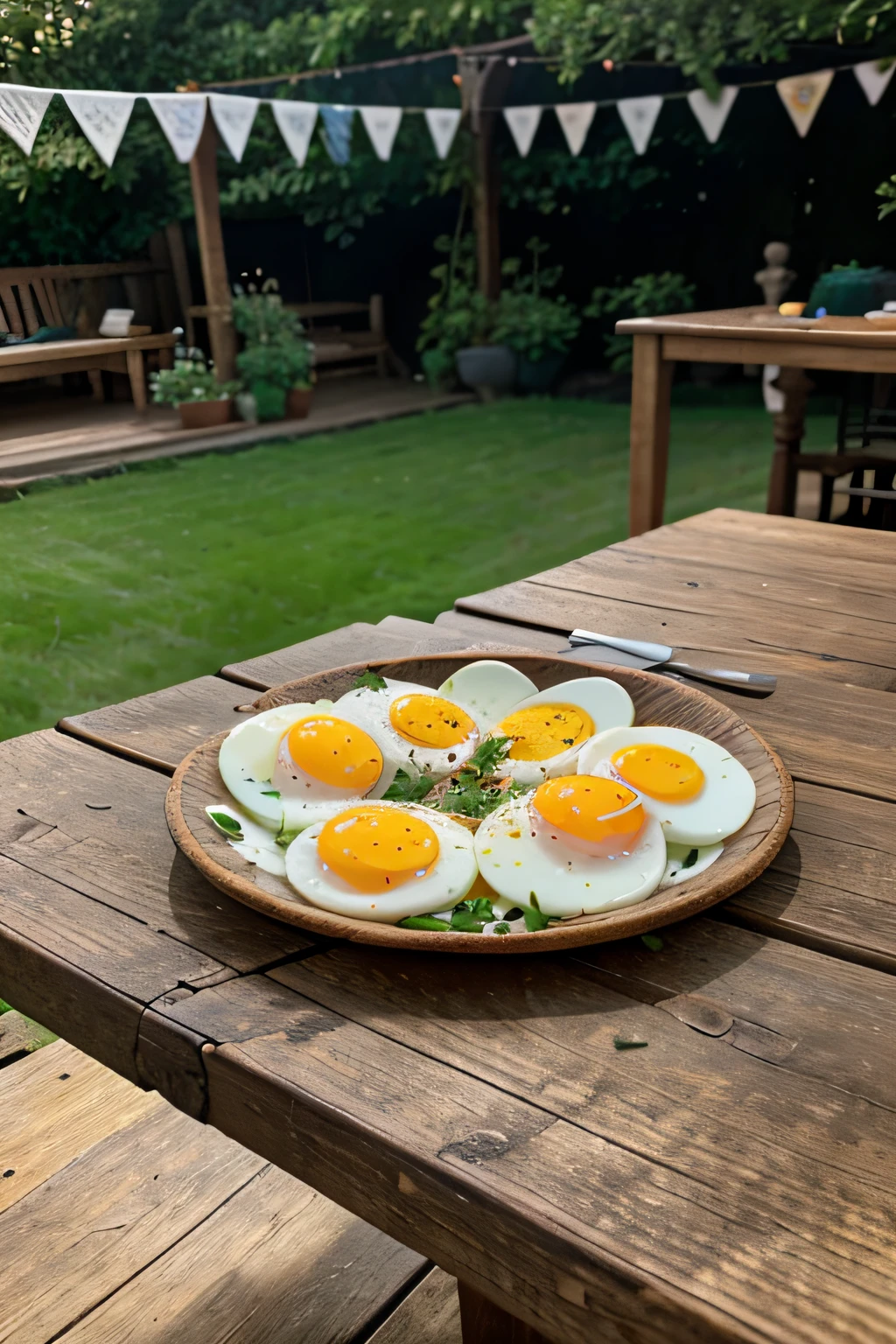 plate of fried eggs, with baicon on a wood table in the garden