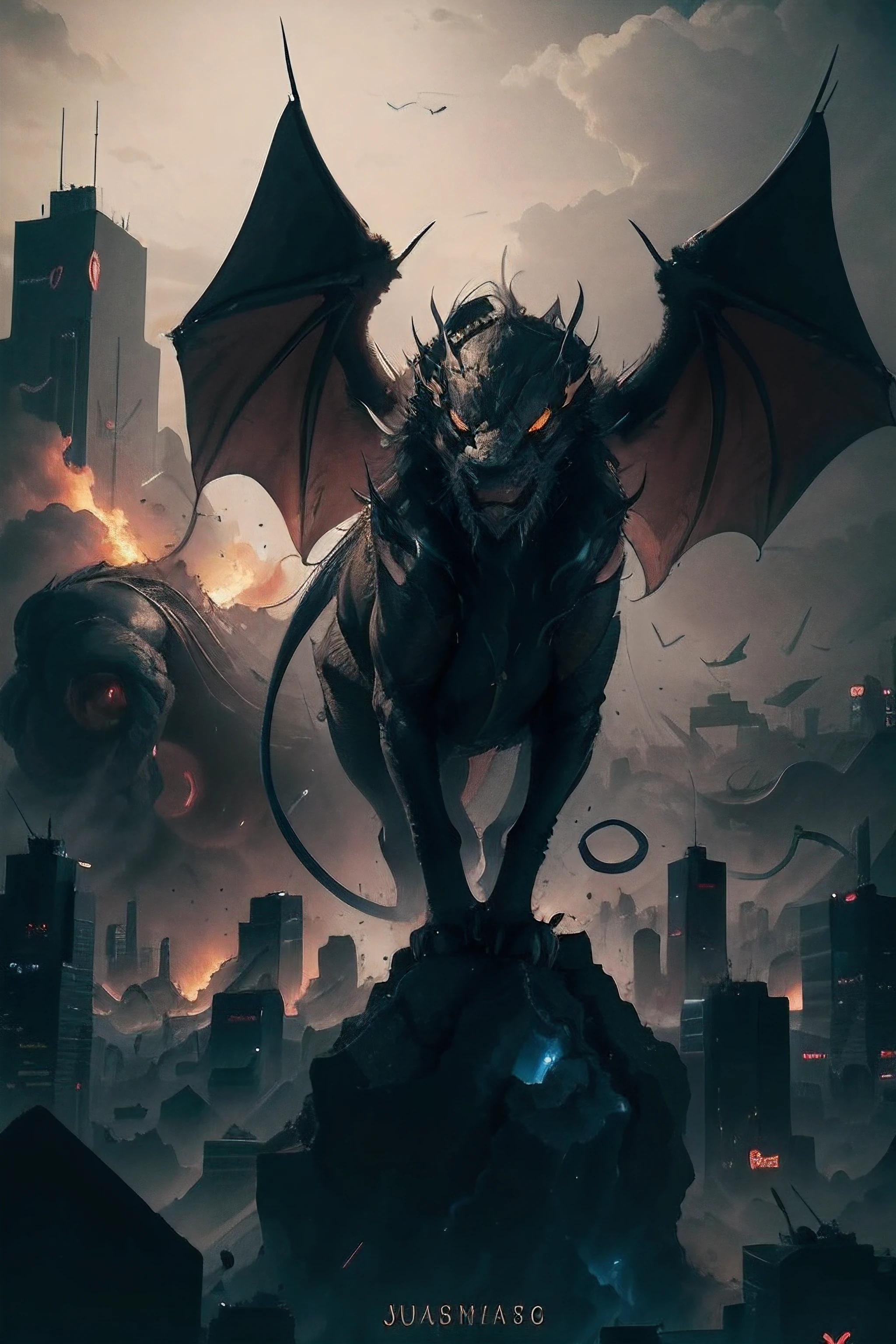 A logo of a black dragon, engulfed in flames, fiercely destroying a city. (best quality, highres, ultra-detailed), intense lighting, dark and menacing atmosphere, with vibrant colors and sharp focus. The dragon's scales are exquisitely detailed, with an intricate texture, highlighting its strength and power. The flames are depicted with realistic, photorealistic effects, creating a sense of chaos and destruction. The city is portrayed with extreme detail, showcasing crumbling buildings, smoke-filled streets, and terrified civilians running for their lives. The overall composition exudes a sense of epicness and captures the intensity of the dragon's fury.