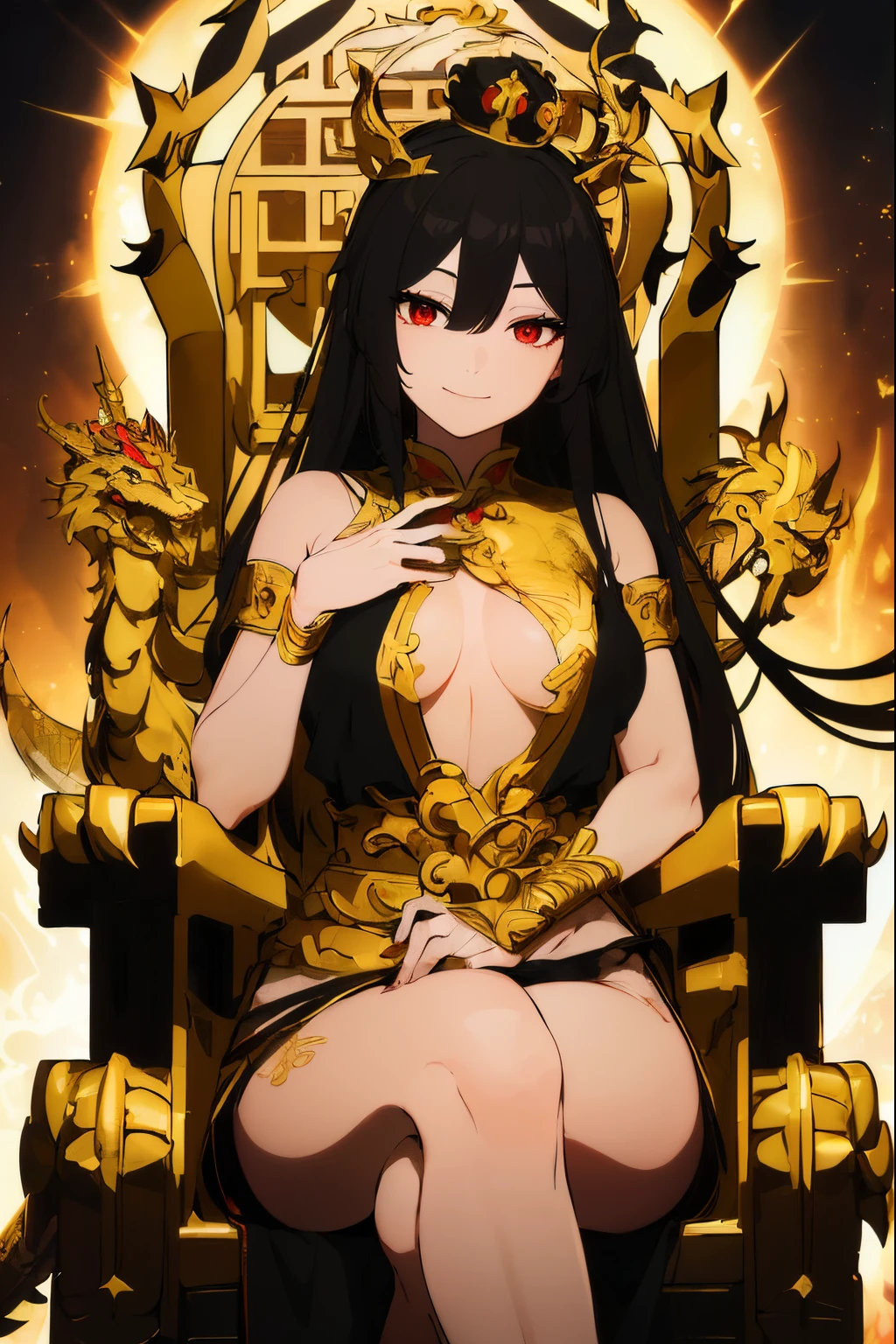 (masterpiece), best quality, expressive eyes, perfect face, (with a white chinese dress with golden dragons in it,  devious smiling, long black hair, bangs, ((torso, intricate gold crown, sitting on throne crossed legged)), (red eyes), with thick golden dragon tale, ((perched atop a large golden dragon throne), ((cruel smile))
, bright summer lighting,