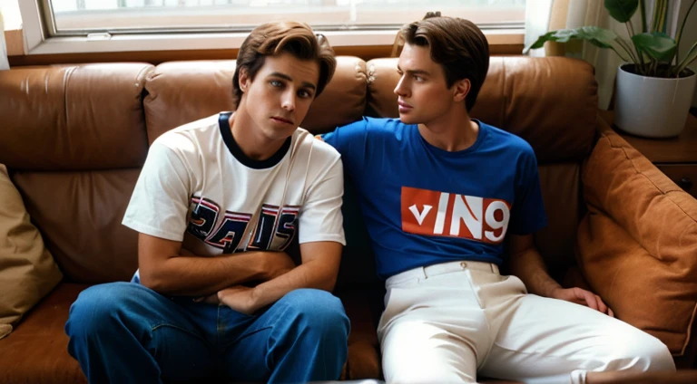 A two mens wearing 1980's shirt and pants sitting on a sofa