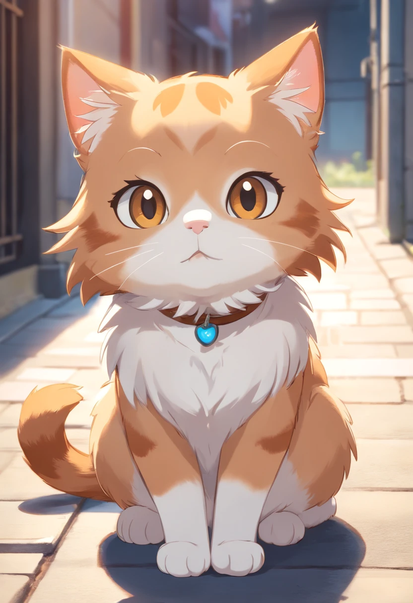 A 2D chibi character of a European light brown cat with white  with the pose of saying hello
