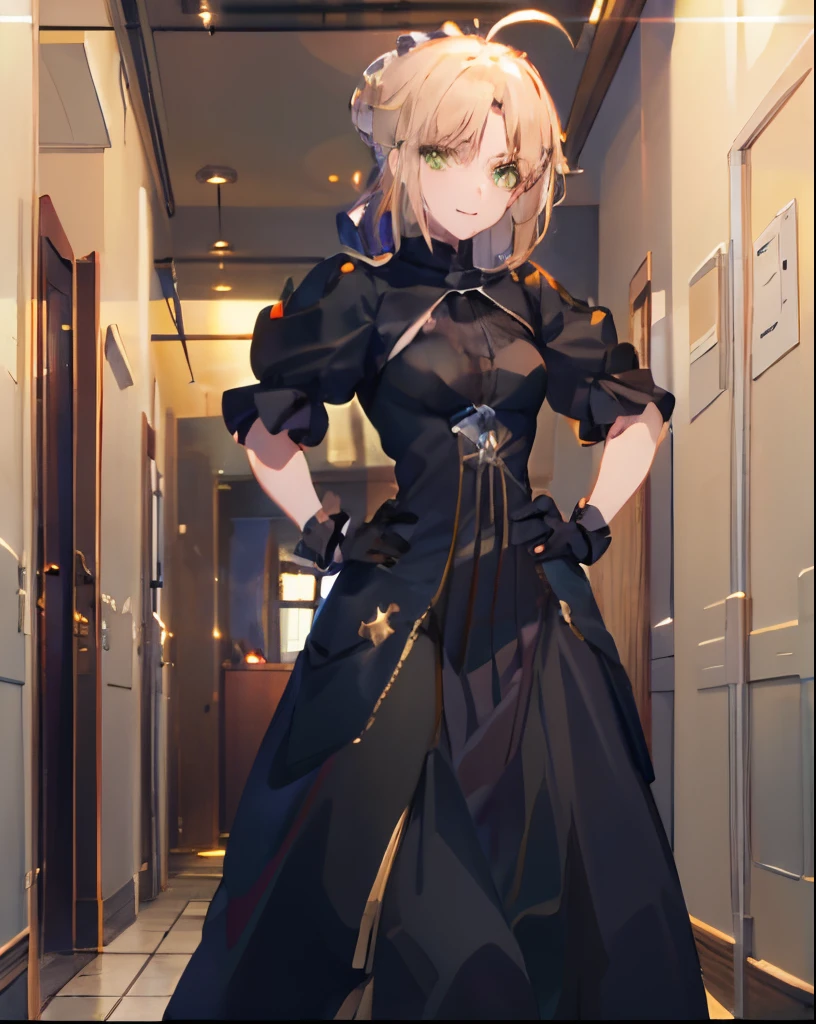 1girl,medium breasts,standing,hand on hip, smile, black_gloves,hallway, 
eugendress, saber, blonde hair, french braid, green eyes, artoria pendragon,