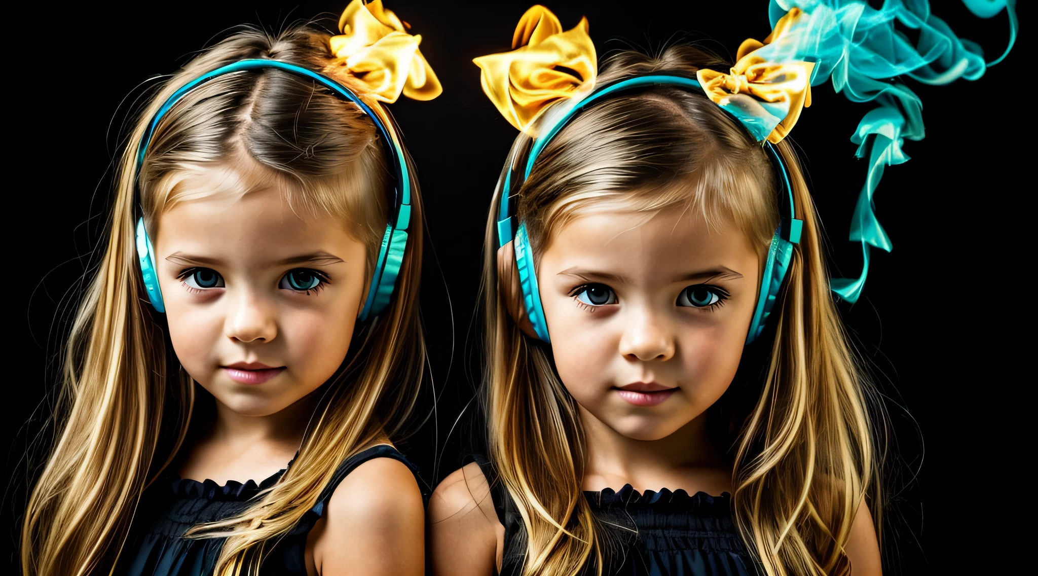BLACK BACKGROUND. two girls KIDS BLONDE GOLD WITH LONG HAIR with bows on the head AND HEADPHONE and one wearing BLACK dress, FONES DE OUVIDO FOGO E FOGO. GREEN Smoke Billowing GREEN, portrait of twins twins, faixa de cabelo AMARELO,