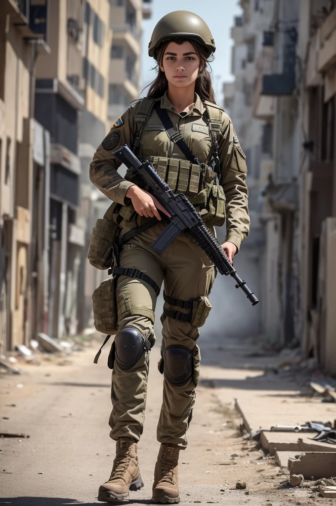 1girl, a beautiful Isreali 20 years old girl in full military uniform, athletic slender body, small size breasts, narrow hips, small ass, fully geared, wearing military boots, wearing isreali military pants, wearing an isreali military shirt, wearing an isreali military helmet, (holding an  Israeli TAR-21Tavor" automatic rifle:1.3), wearing ammunition pouches, (determined face, intense look, lots of dust on the face and the uniform:1.2), tan skin, long wavy hair, light brown hair, light brown-greenish eyes, thin face, (walking in the middle of a ruined Gaza city street with her squad, rumbles and military equipement scattered in the street:1.1), determiined face, intense look, very dusty face and uniform, (intense sunny lighting:1.1), ultra high res.photorealistic:1.4, UHD, (anatomically correct:1.4), (intense look:1.2)