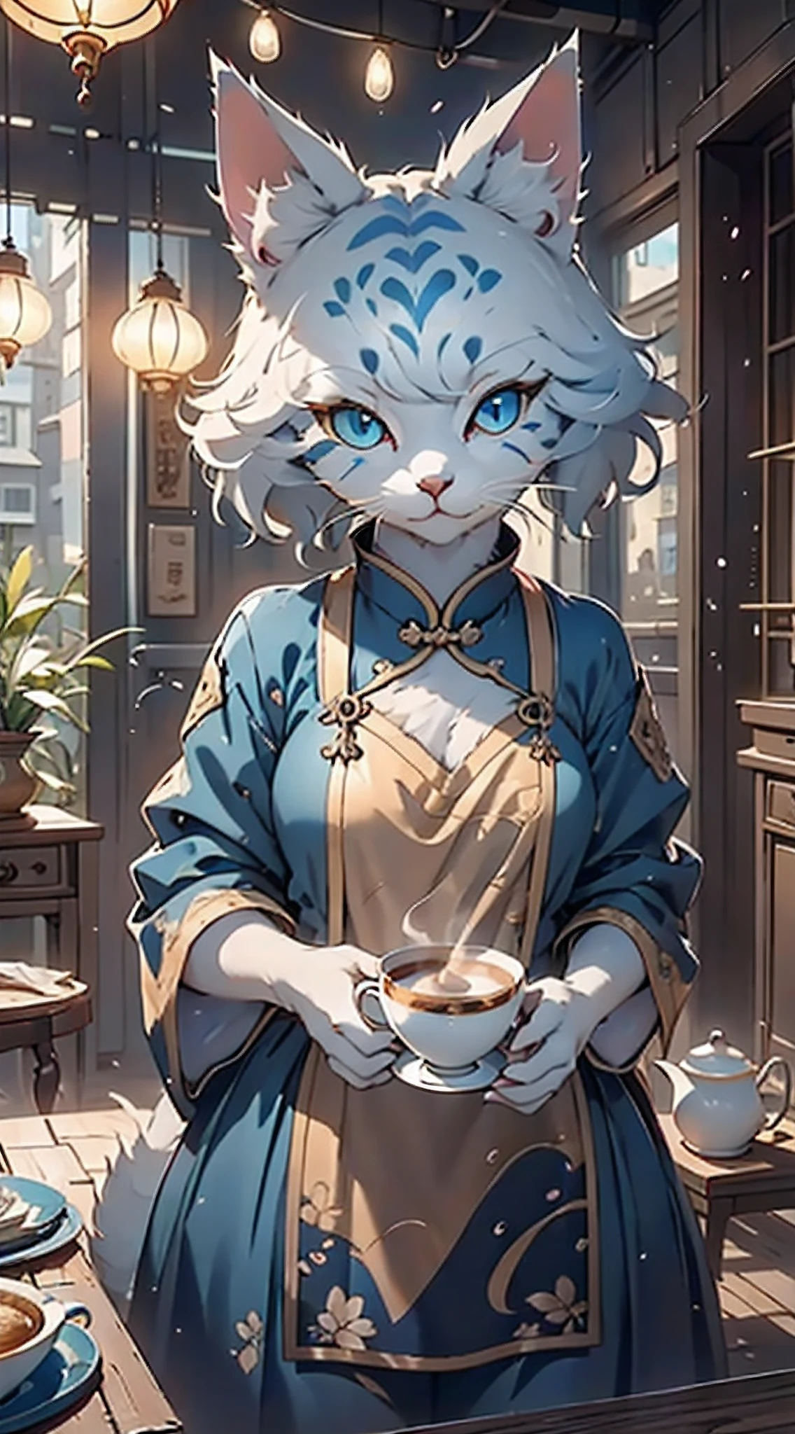 Anthropomorphic white ragdoll cat, blue color eyes, elaborate Hanfu, teacup in hand, There is a stove on the big coffee table that is boiling water., Chinese courtyard, ssmile, winking, standing on two feet, The side is facing me, high detail, panorama, 4K, best quality, textured skin