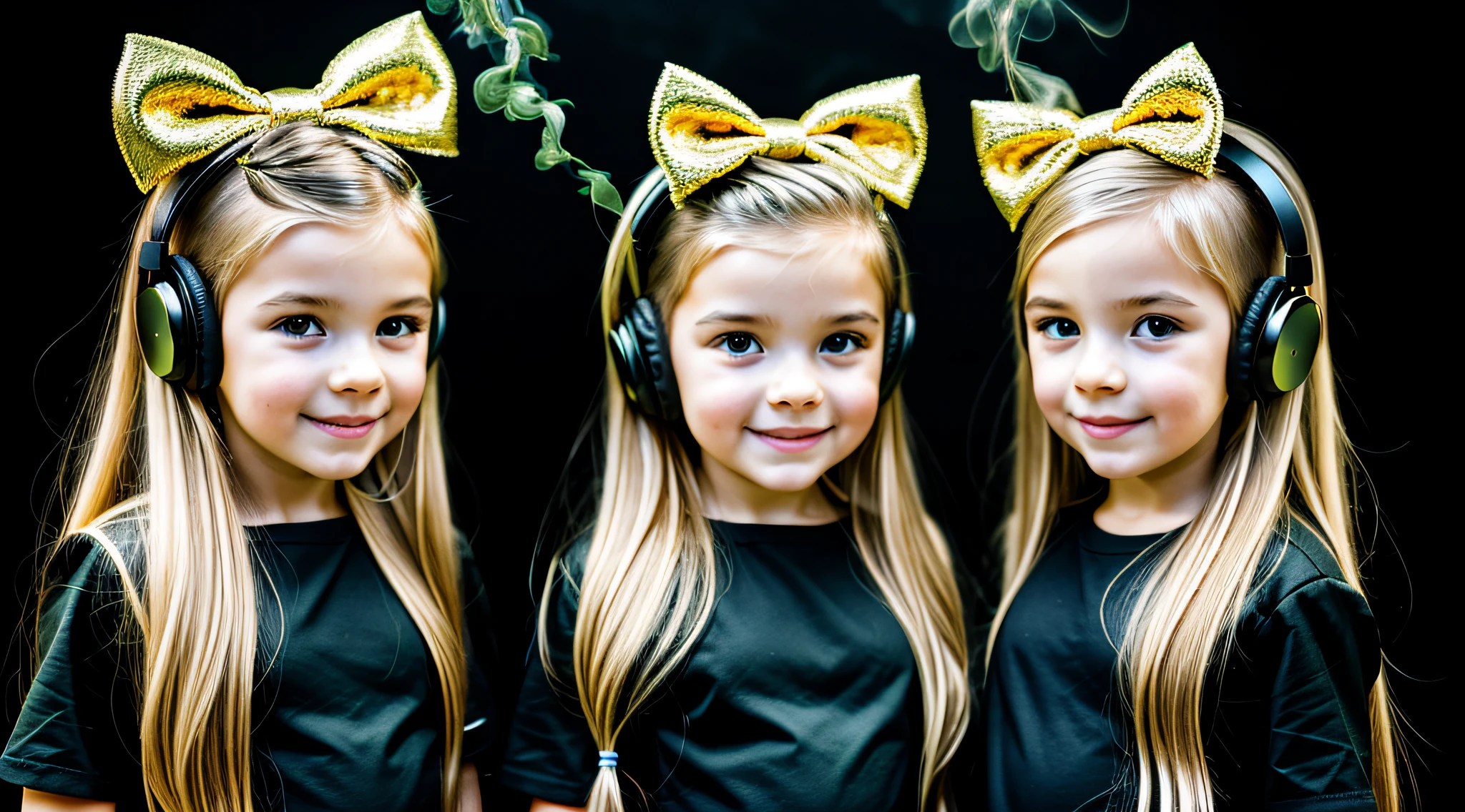 BLACK BACKGROUND. two girls KIDS BLONDE GOLD WITH LONG HAIR with bows on the head AND HEADPHONE and one wearing BLACK dress, FONES DE OUVIDO FOGO E FOGO. GREEN Smoke Billowing GREEN, portrait of twins twins, faixa de cabelo AMARELO,