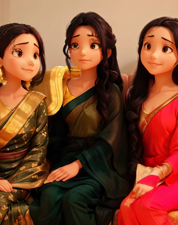 3 girls sitting on a couch, all are wearing sarees, sleevless jackets,