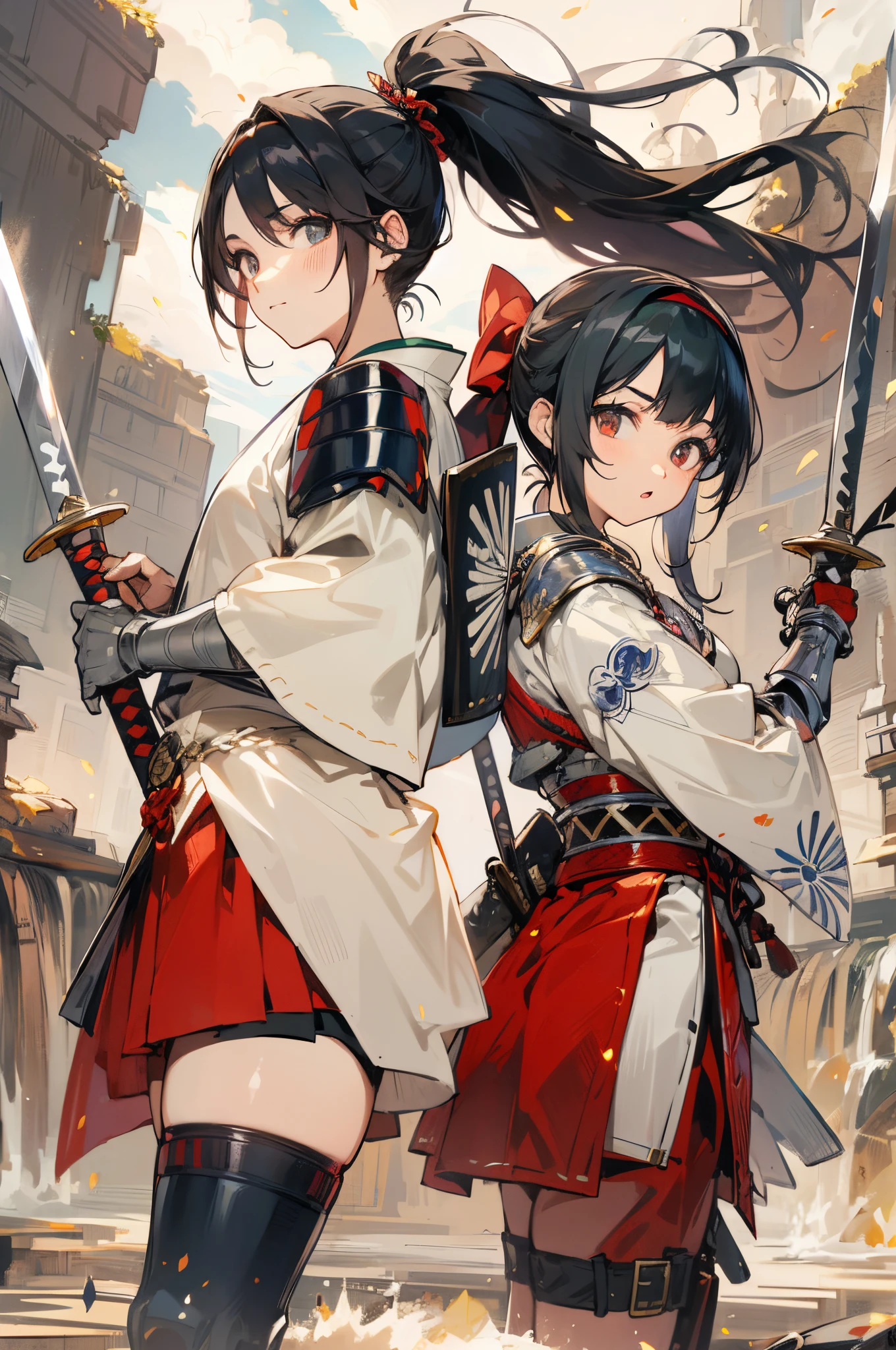 Raise your sword aloft、Anime characters in armor, 1girl in, Samurai,arma, Sword, Black hair, Solo,round big eyes,Deep scarlet eyes, Ponytail, Long hair, katanas, Hakama,((Japanese armor))),((plate armor)), holding weapon, ((Leg armor)), Hold the sword, Looking at Viewer,helmets,((Hair band with metal plate)),Dynamic Action Pose,(((cliff))),(((falls))),