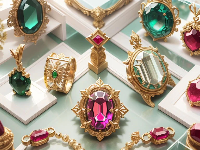 Green pink ruby red and gold color scheme,(Full Focus), Antiques jewelry in display cases,Jewelry in a display case,beautiful rare faceted gemstones in wooden display case,Gold jewelry products,magic item,Magic aura,High-tech luxury, High-value jewelry,,arranged neatly organized, High-value metals,elegant design luxury jewelry,pearl necklace, Puzzles are prohibited, Detailed and complex background, glittery, reflective light, hyper HD, Award-Awarded, A high resolution, High detail, Chiaroscuro, Cinematic lighting, Masterpiece, Ray traching,structurally correct, Super detail, High quality, High details, , sharp focus, (photorealistic), (masterpiece), (best quality), (ultra highres), (12K), 16k,