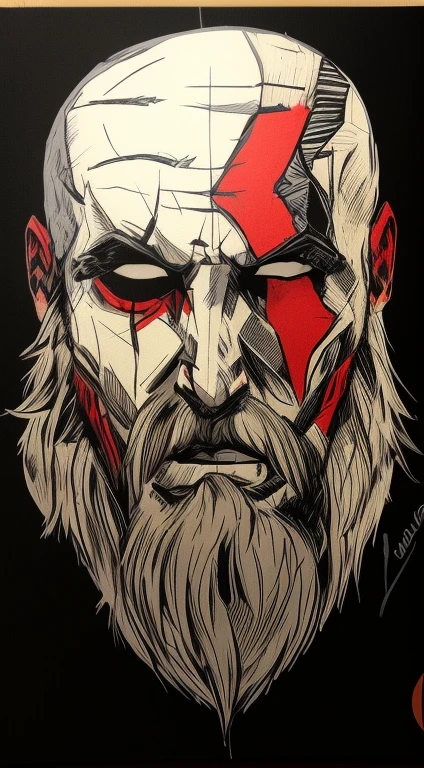 un dibujo de un hombre con la cara y la barba rojas, Retrato de Kratos, Kratos, Dios de la guerra, Estilo de boceto, Arte de boceto, Dwayne Johnson como Kratos, dibujo ordenado, Arte de boceto de alta calidad, God of War 2 0 1 8, high detail iconic character, Estilo de dibujo tradicional, comic drawing style, simetry!! Retrato de Akuma
