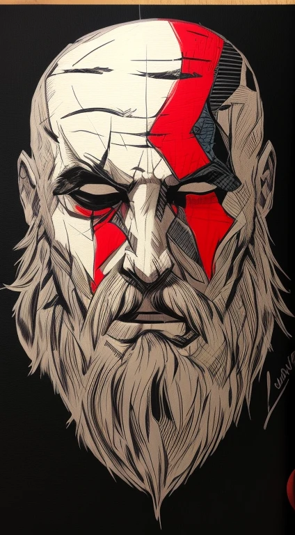 un dibujo de un hombre con la cara y la barba rojas, Retrato de Kratos, Kratos, Dios de la guerra, Estilo de boceto, Arte de boceto, Dwayne Johnson como Kratos, dibujo ordenado, Arte de boceto de alta calidad, God of War 2 0 1 8, high detail iconic character, Estilo de dibujo tradicional, comic drawing style, simetry!! Retrato de Akuma