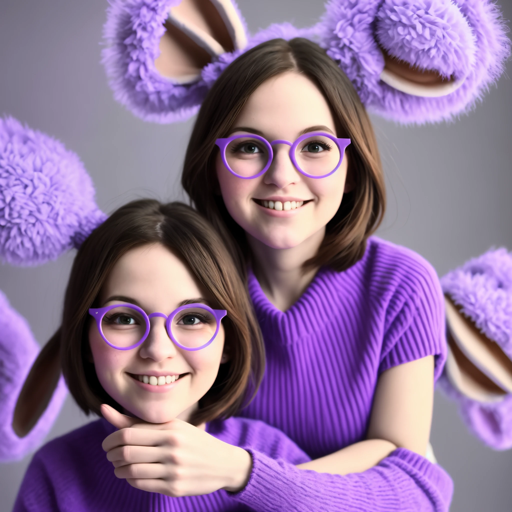 Adult female, full body, Pale skin, black hair, bunny ears, purple eyes, freckles, round glasses, legs crossed, taking photo in mirror