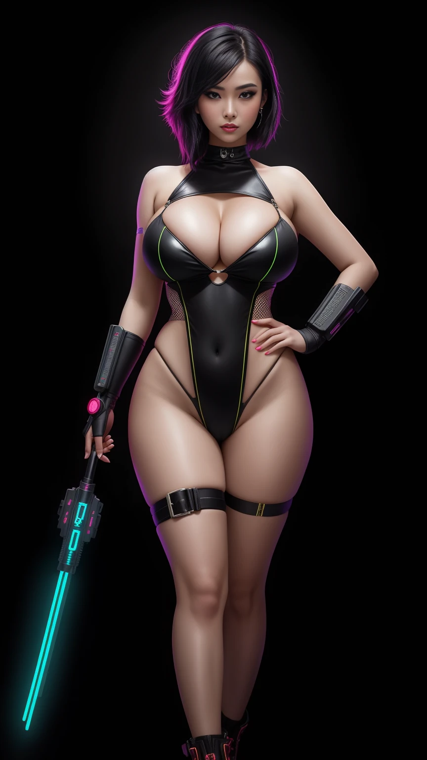 there is an Asian woman standing, 3 d neon art of a womans body, neon-noir background, cyberpunk femme fatale, seductive cyberpunk dark fantasy, cyberpunk strip clubs, cyberpunk 20 y. o model girl, oppai cyberpunk, banner, high definition cgsociety, cgsociety masterpiece, trending on cgstation, kda, random hair, looking at camera, gigantic breasts, cleavage, (high detailed skin:1.2), 8k uhd, dslr, super lighting, high quality, film grain, high res, highly detailed, hyper realistic, beautiful face, beautiful body, beautiful eyes nose lips, alluring expression, very bold, upper boobs visible, full body photo, standing legs apart, pale translucent glowing skin, most beautiful face, cute, (well defined pubic hair:1.2)), (dark plain black background:1.4))