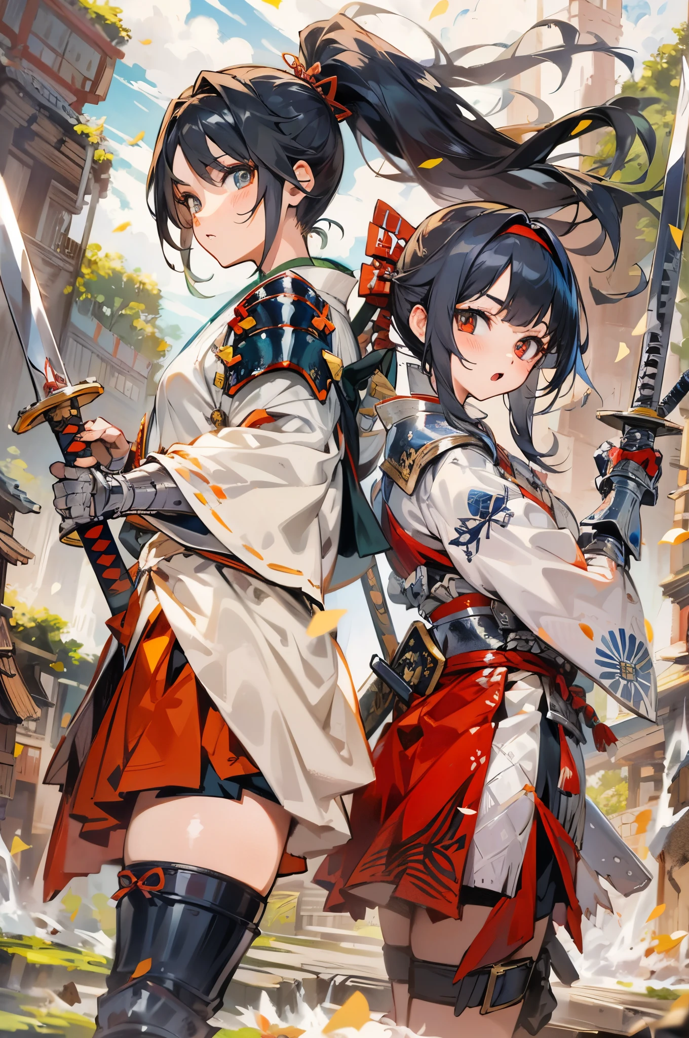 Raise your sword aloft、Anime characters in armor, 1girl in, Samurai,arma, Sword, Black hair, Solo,round big eyes,Deep scarlet eyes, Ponytail, Long hair, katanas, Hakama,((Japanese armor))),((plate armor)), holding weapon, ((Leg armor)), Hold the sword, Looking at Viewer,helmets,((Hair band with metal plate)),Dynamic Action Pose,(((cliff))),(((falls))),