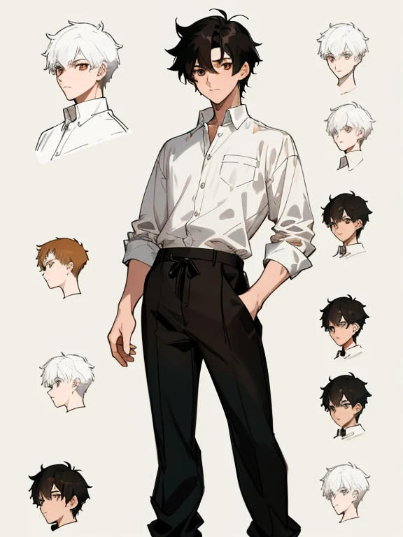 absurd res, high res, (masterpiece:1.4, character sheet design, accurate anatomy, 1 male, boy messy black hair, wearing rolled up shirt, boy brown eyes, tall male, boy pale skin, holding a white crystal